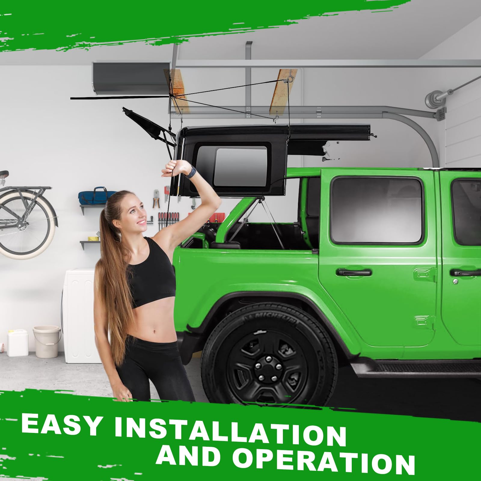 Jeep Hard Top Removal Lift for Ford Bronco & Jeep Wrangler JK JL Models - One-Person Hardtop Hoist with Anti-Drop Safety System - Fits 8-16 ft Ceilings - Includes 6 T Knobs - Perfect for Garage Storage & Off-Road Vehicle Maintenance