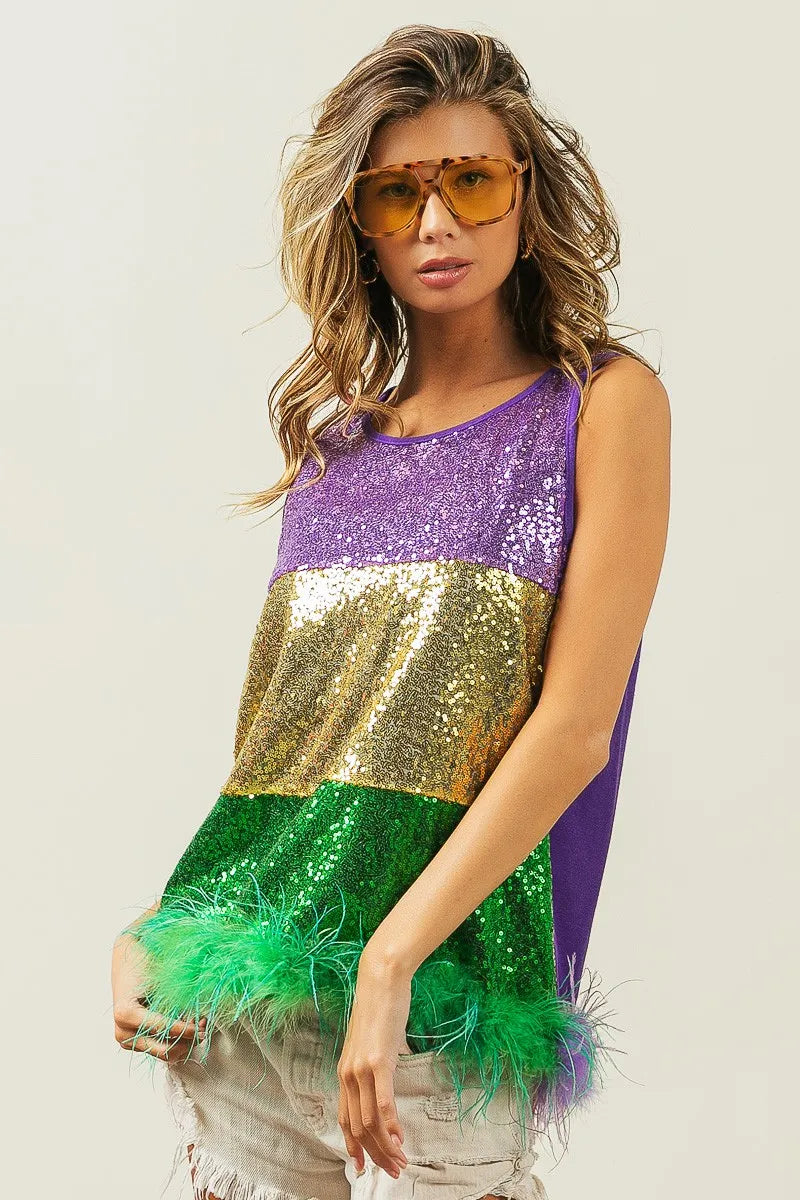 BiBi Mardi Gras Color Block Faux Feather Hem Sequin Top | Glam Party Blouse for Carnival, Costume Party & Night Out
