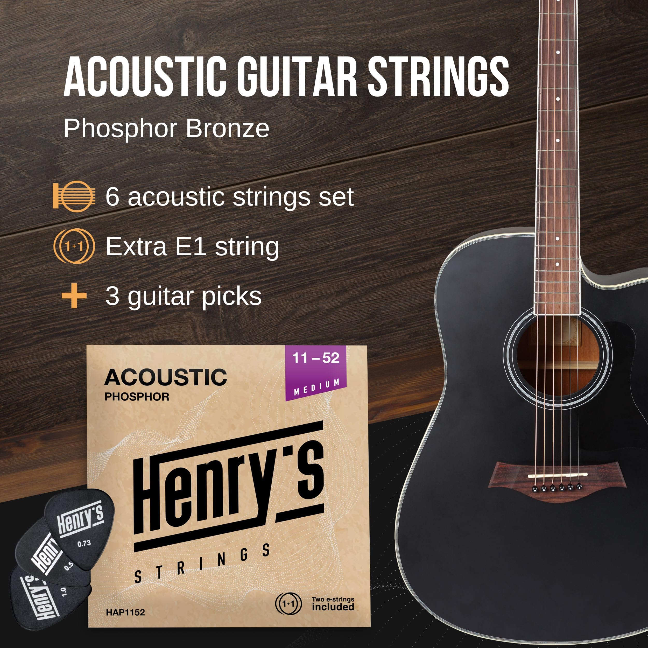 Premium Phosphor Bronze Acoustic Guitar Strings Set (11-52 Medium Gauge) with Bonus E1 String & 3 Picks - 6 String Pack for Warm Tone & Durability - Perfect for Live Performances, Studio Recording & Practice Sessions