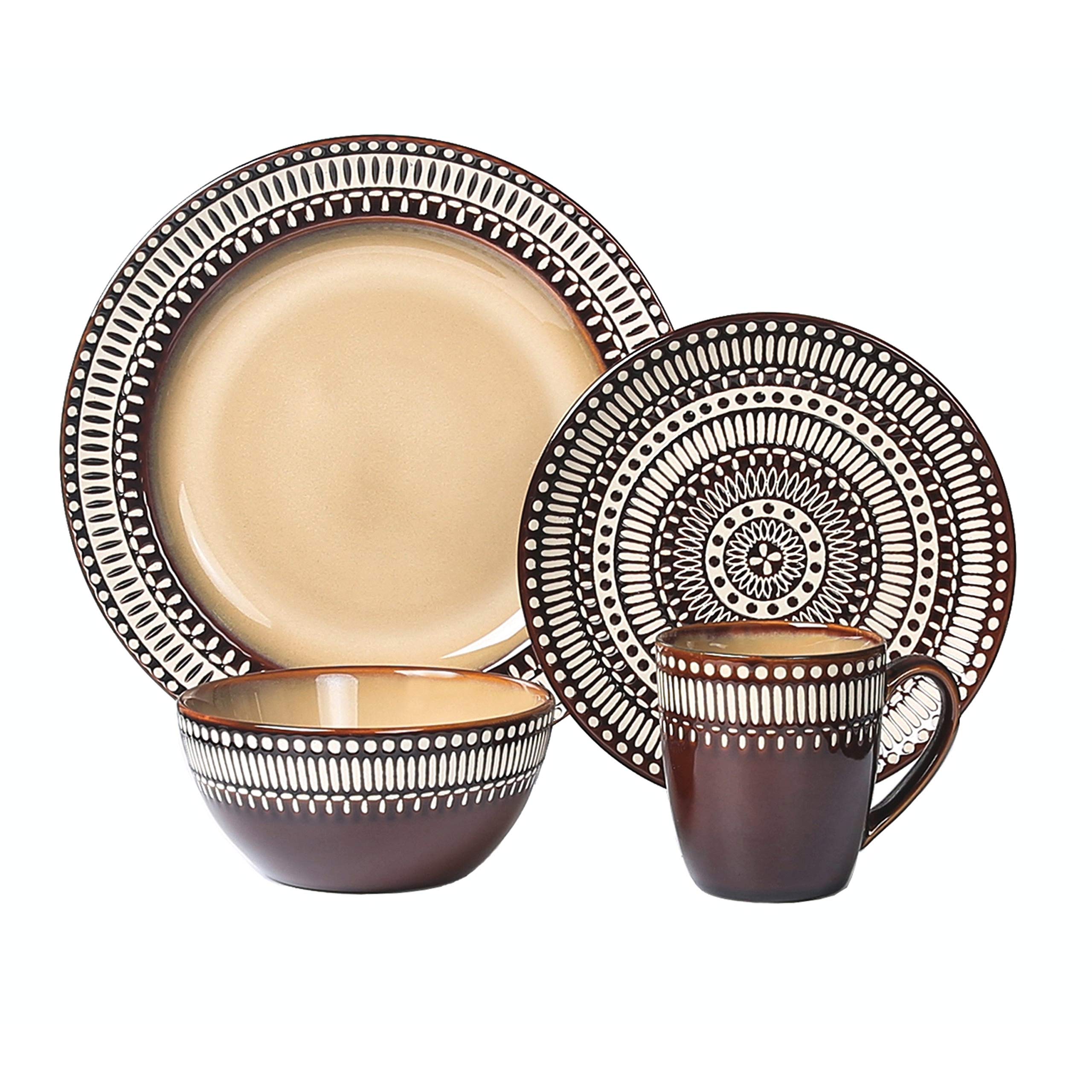 16-Piece Rustic Glazed Dinnerware Set (Service for 4) - Tan Banded Stoneware Plates & Bowls - Microwave & Dishwasher Safe - Perfect for Casual Dining, Family Gatherings & Everyday Use