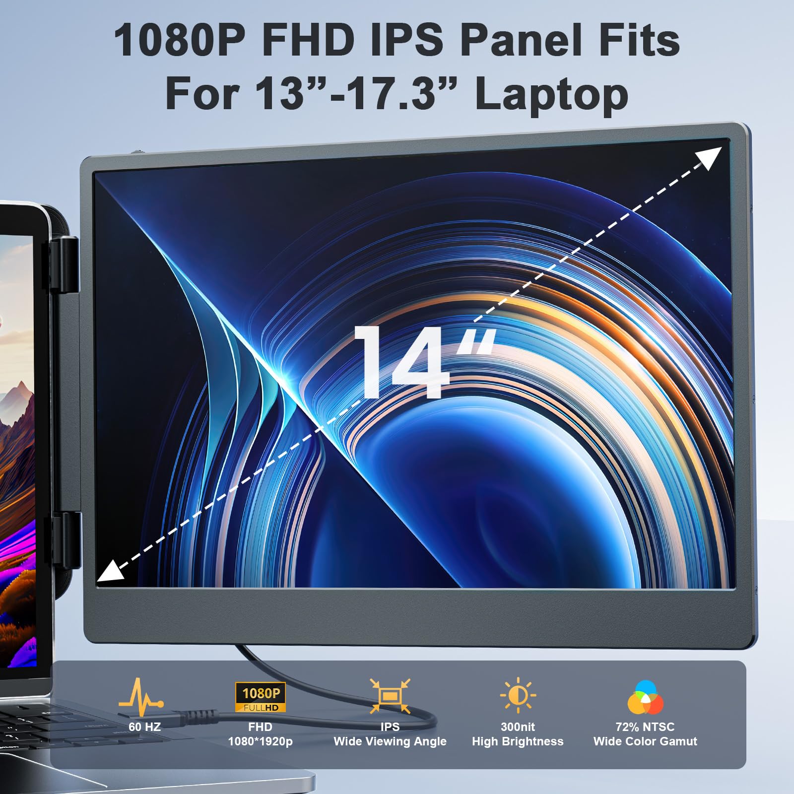 14'' FHD 1080P IPS Dual Portable Monitor for Laptop - Plug & Play USB-C External Screen for 13