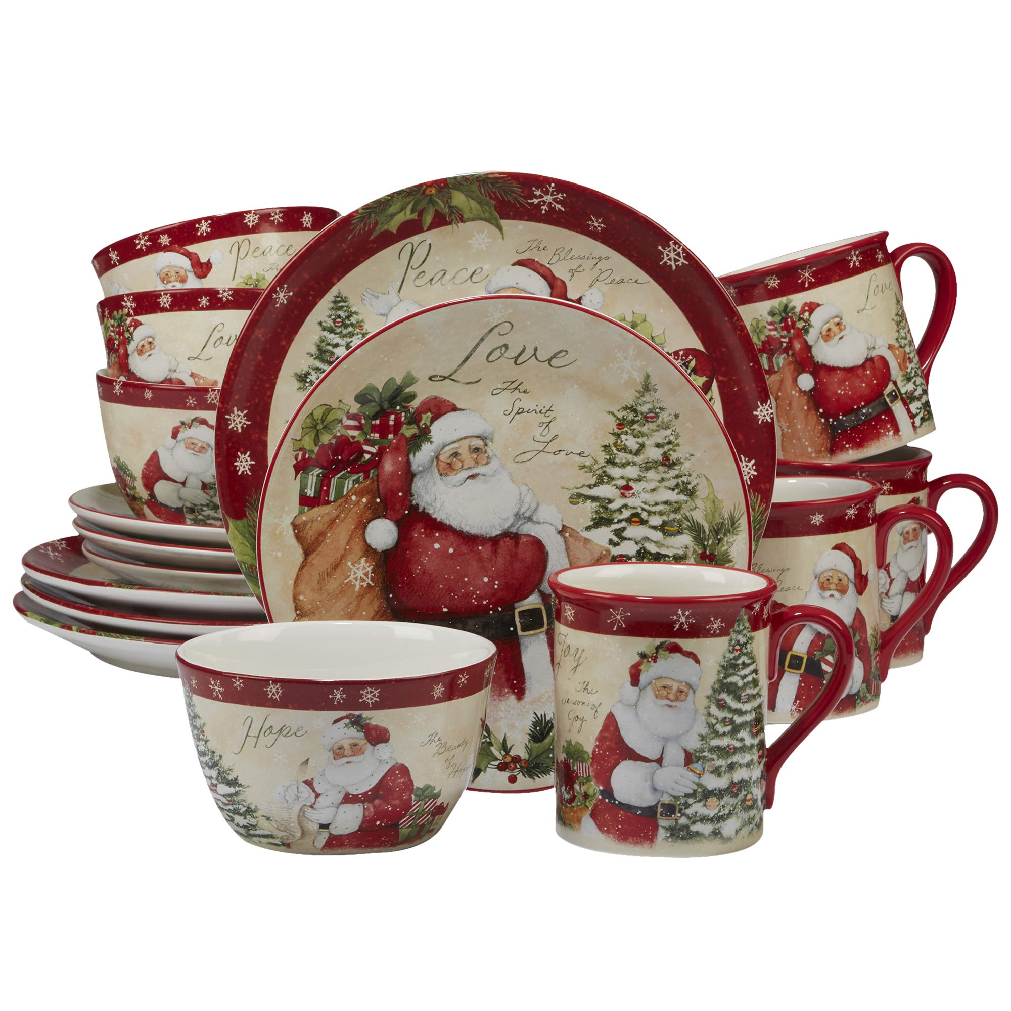 Certified International 89127 Holiday Wishes 16-Piece Dinnerware Set - 4 Place Settings, Multicolor Porcelain Plates, Bowls & Mugs - Perfect for Christmas, Thanksgiving & Family Gatherings