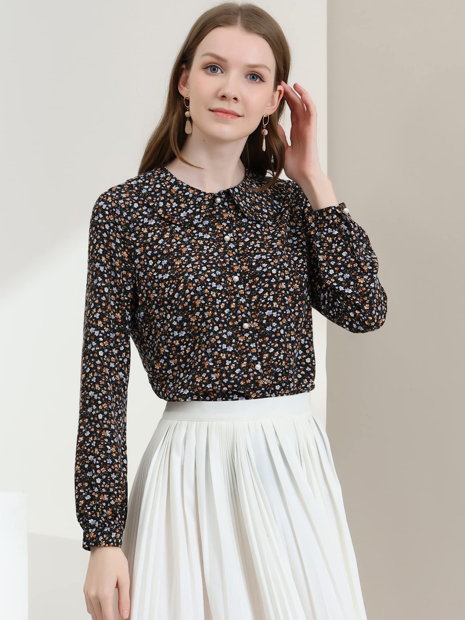 Allegra K Women's Floral Print Peter Pan Collar Casual Button Down Shirt - Perfect for Office Wear, Spring Outfits & Everyday Fashion
