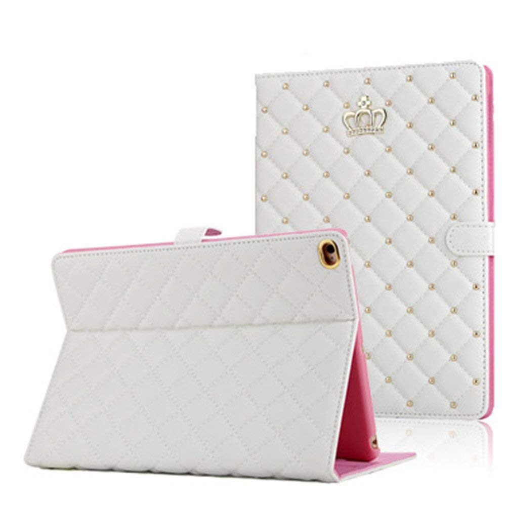Topwin Diamond Crown Design PU Leather Case for iPad 9.7 (2017/2018) & iPad Air 2/Air - Auto Sleep/Wake, Shockproof Protective Cover with Stand (White) - Perfect for Work, School & Travel