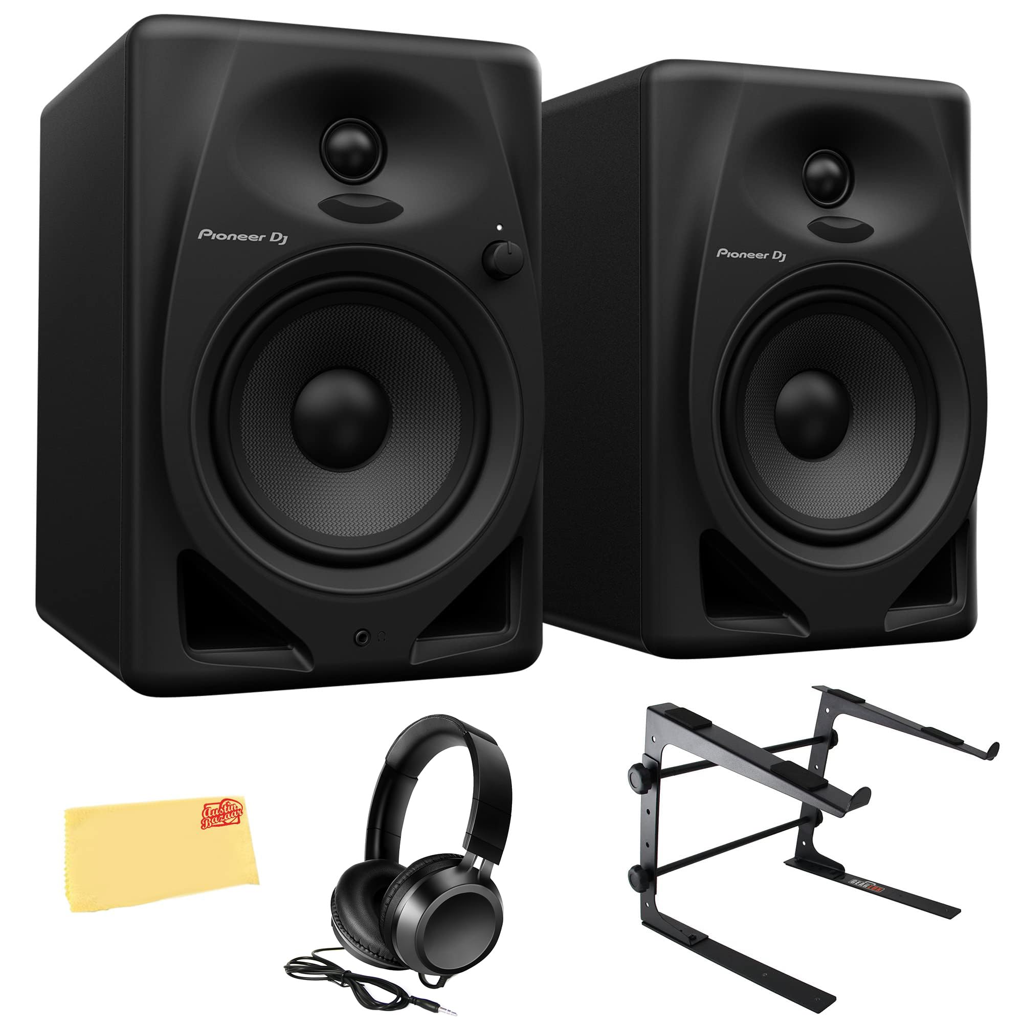Pioneer DM-50D 5-inch Professional Studio Monitor Speakers - Black Desktop Bundle with Premium Headphones, Adjustable Laptop Stand & Microfiber Polishing Cloth | Perfect for Home Recording, Podcasting & Music Production Studios