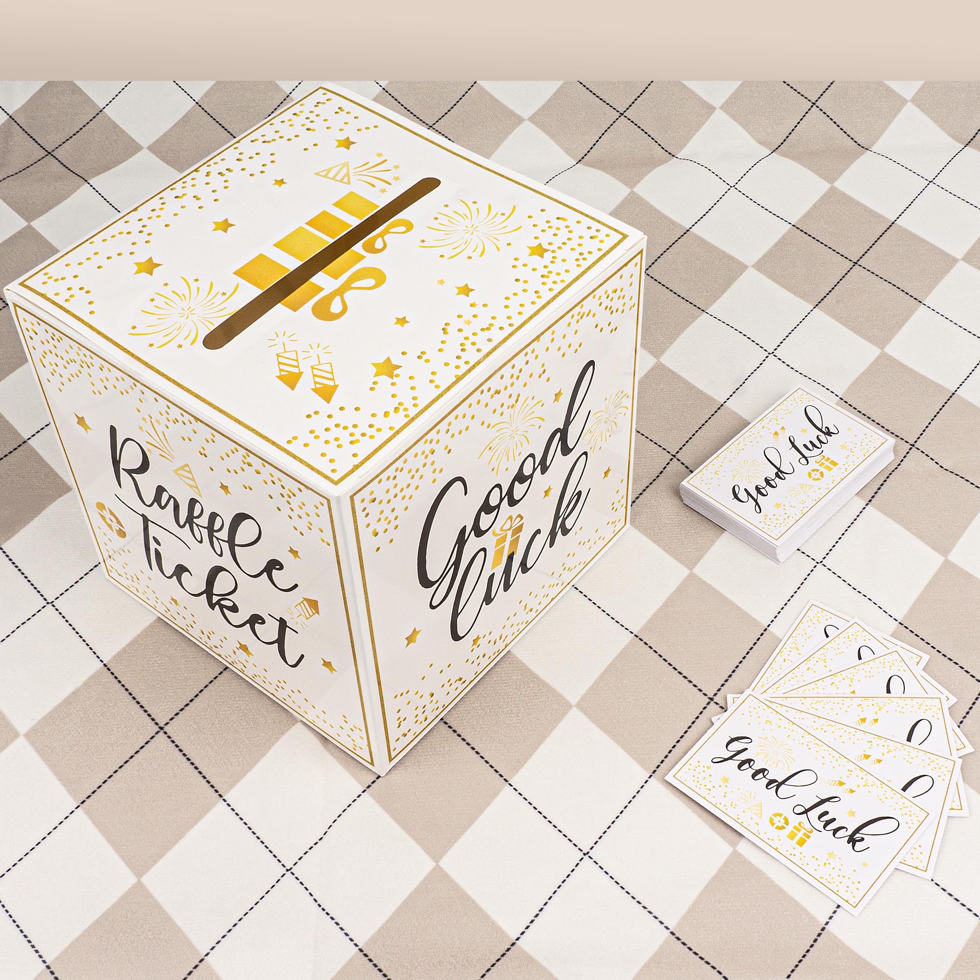 Golden Donation Box with Entry Cards - Raffle Box, Suggestion Box, Ballot Box for Fundraising, Voting & Events - Perfect for Charity Auctions, Church Donations & Office Voting