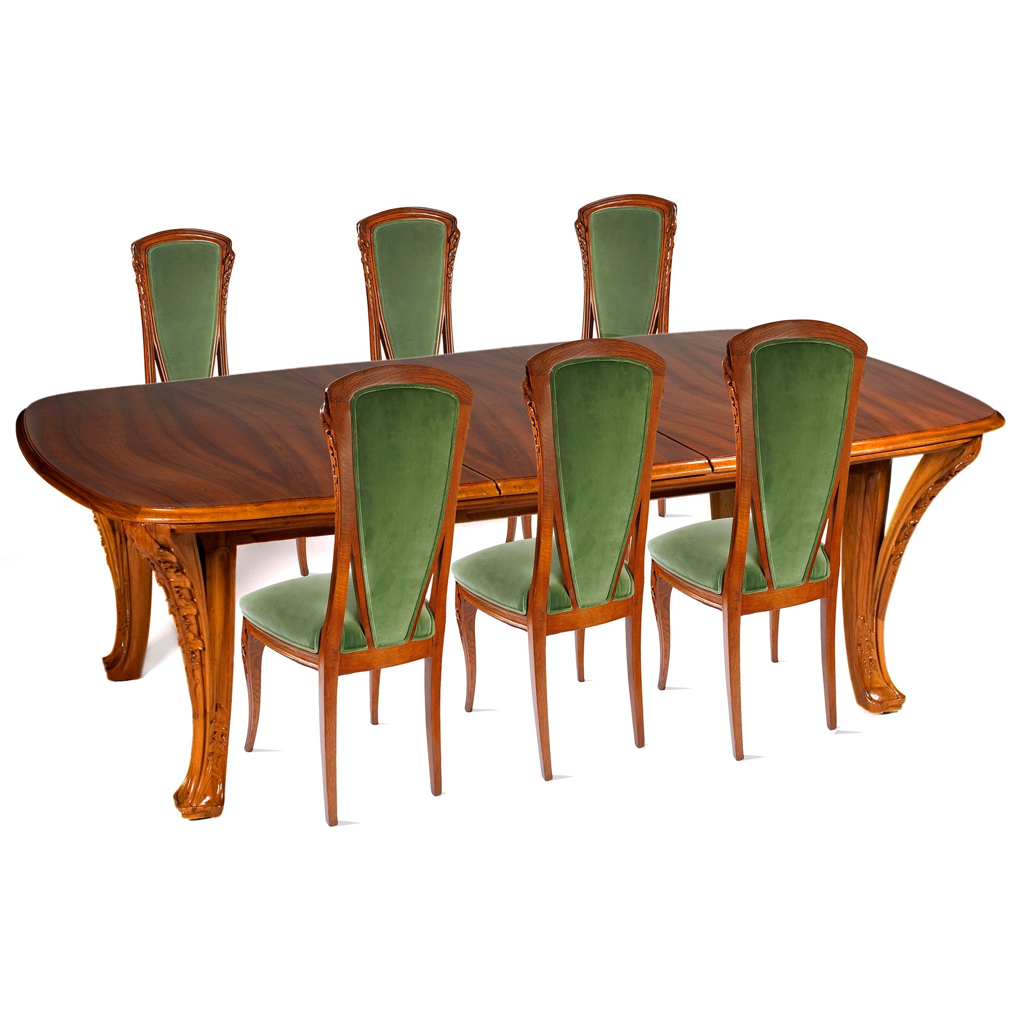 Louis Majorelle Chicorée Walnut and Oak Dining Table Set - Elegant 6-Piece French Art Nouveau Dining Room Furniture for Home & Entertaining