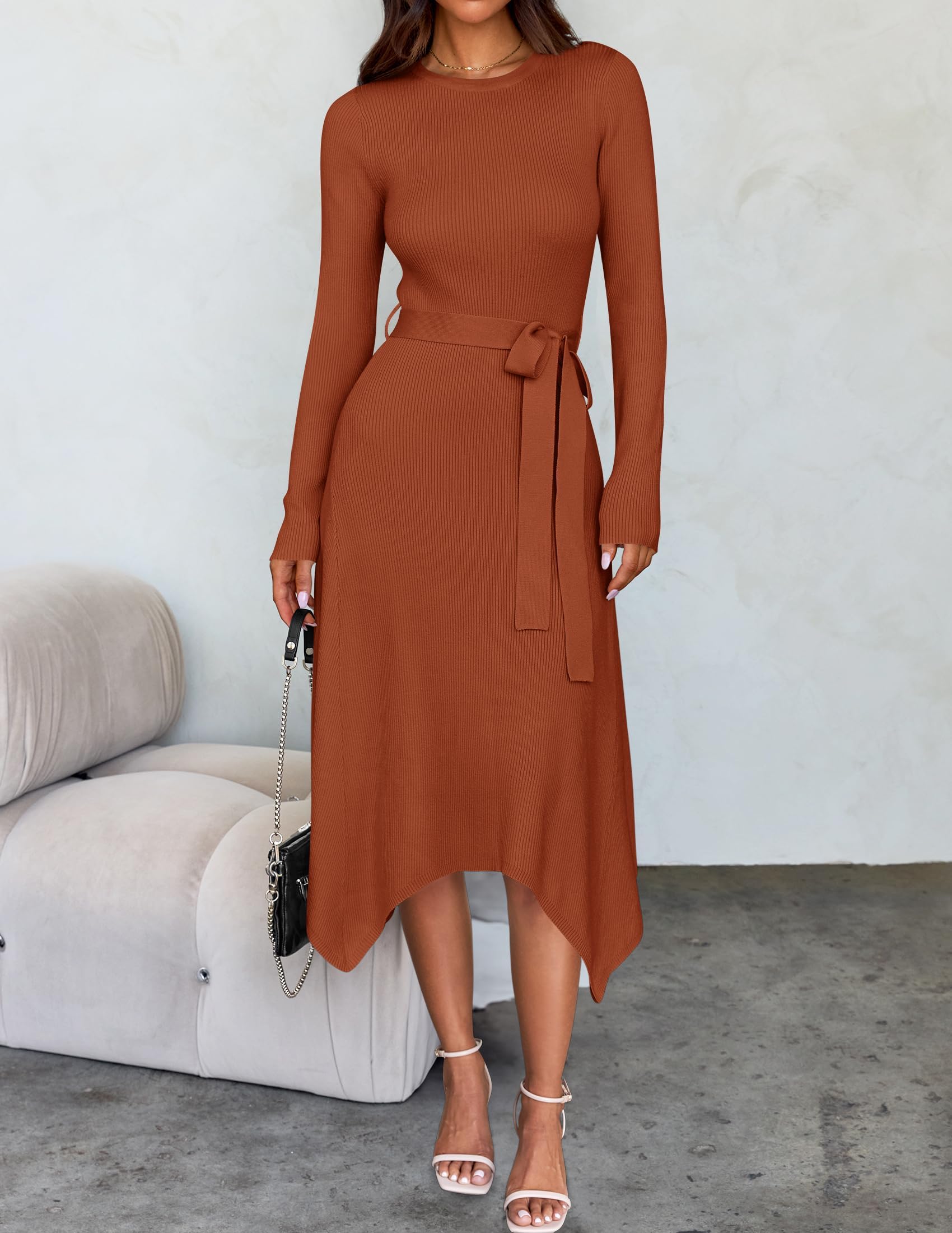 ZESICA Women's 2025 Spring Long Sleeve Ribbed Knit Sweater Dress with Belt - High Waist Midi Dress for Office, Date Night & Casual Outings