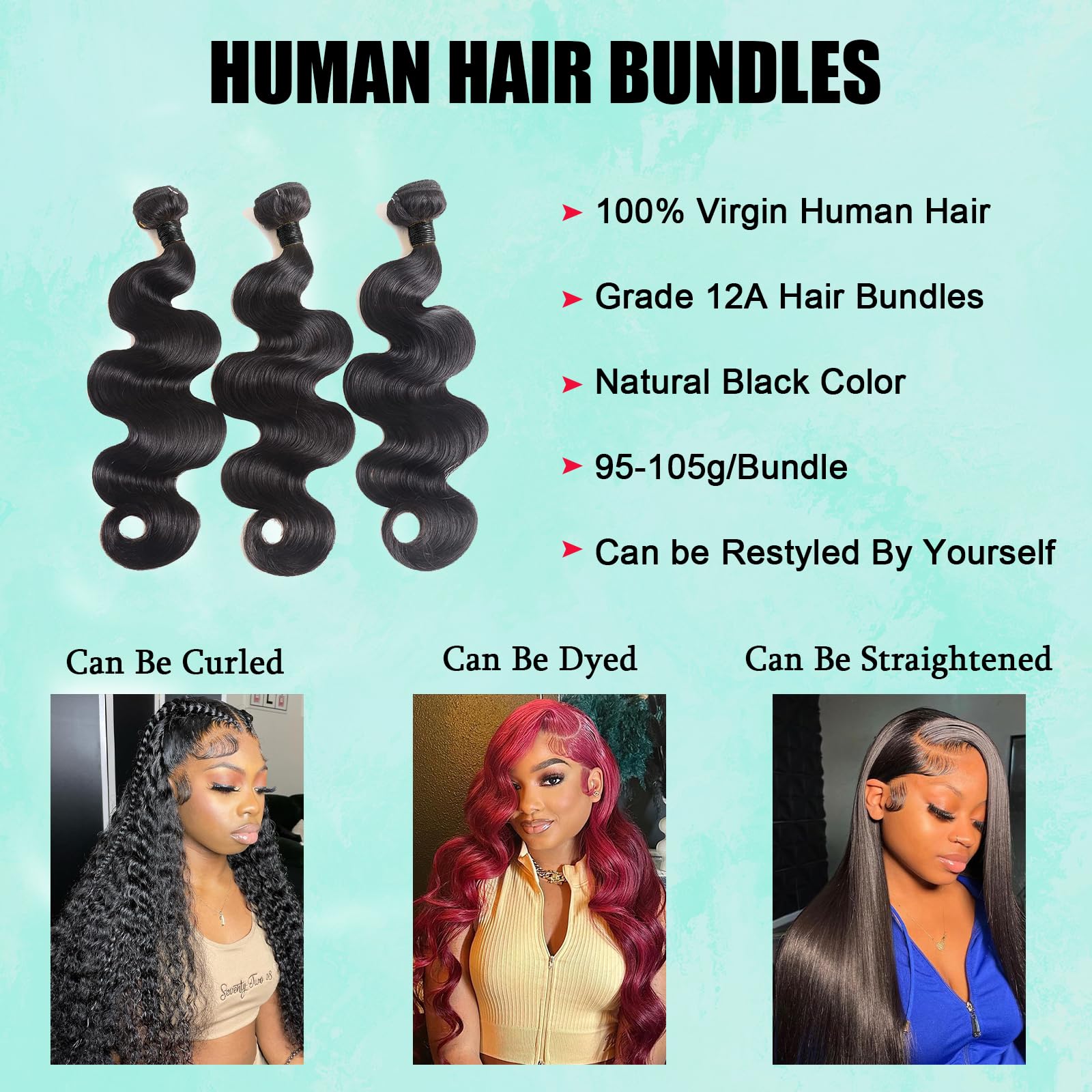 100% Unprocessed Brazilian Virgin Human Hair Bundles - Body Wave 18/20/22/24 Inch 12A Grade - Natural Black Color for Women | Perfect for Weaves, Extensions & Styling