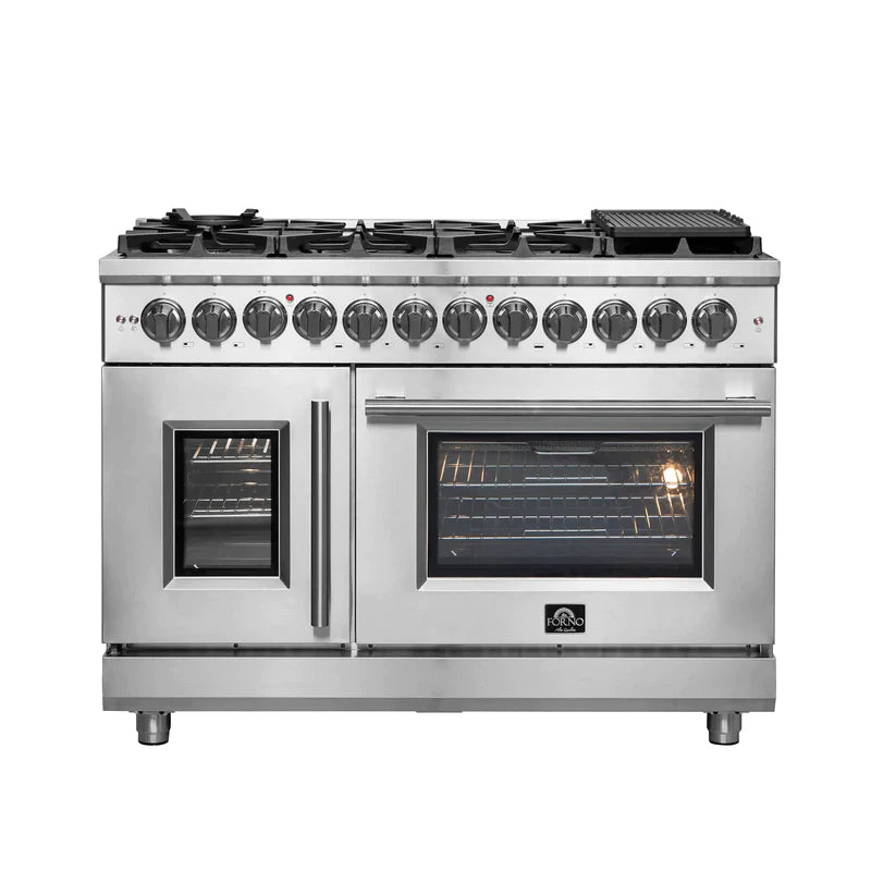 FORNO Massimo 48 Inch Freestanding Dual Fuel Range with French Doors - Stainless Steel FFSGS6325 | Professional Gas & Electric Oven for Home Chefs | Perfect for Baking, Roasting & Entertaining