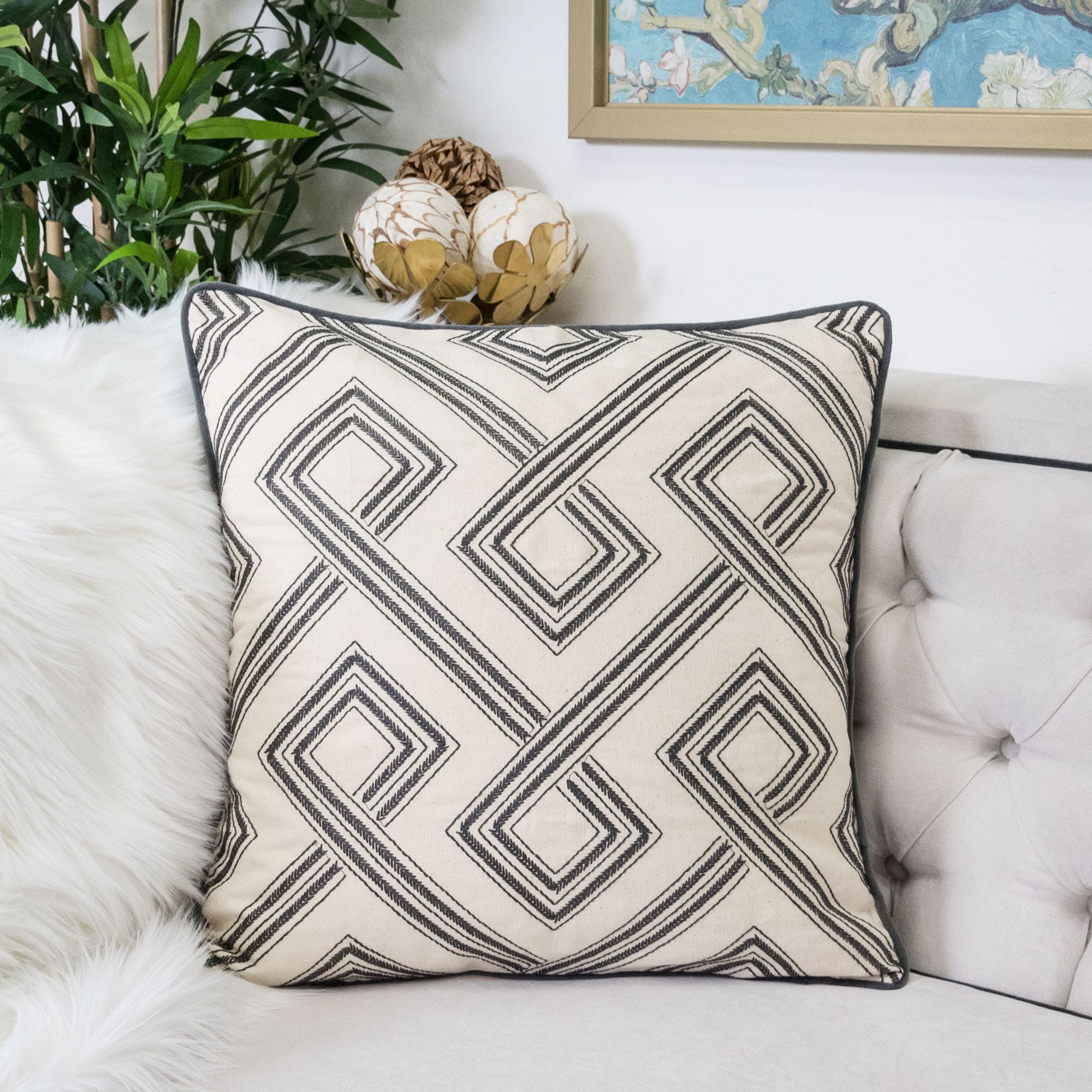 Cozy Diamond Loops Embroidery Throw Pillow Cover - 20x20 Inch Gray Cotton Canvas Sofa Couch Pillow Sham (Cover Only) - Perfect for Living Room Decor, Bedroom Accent & Home Styling