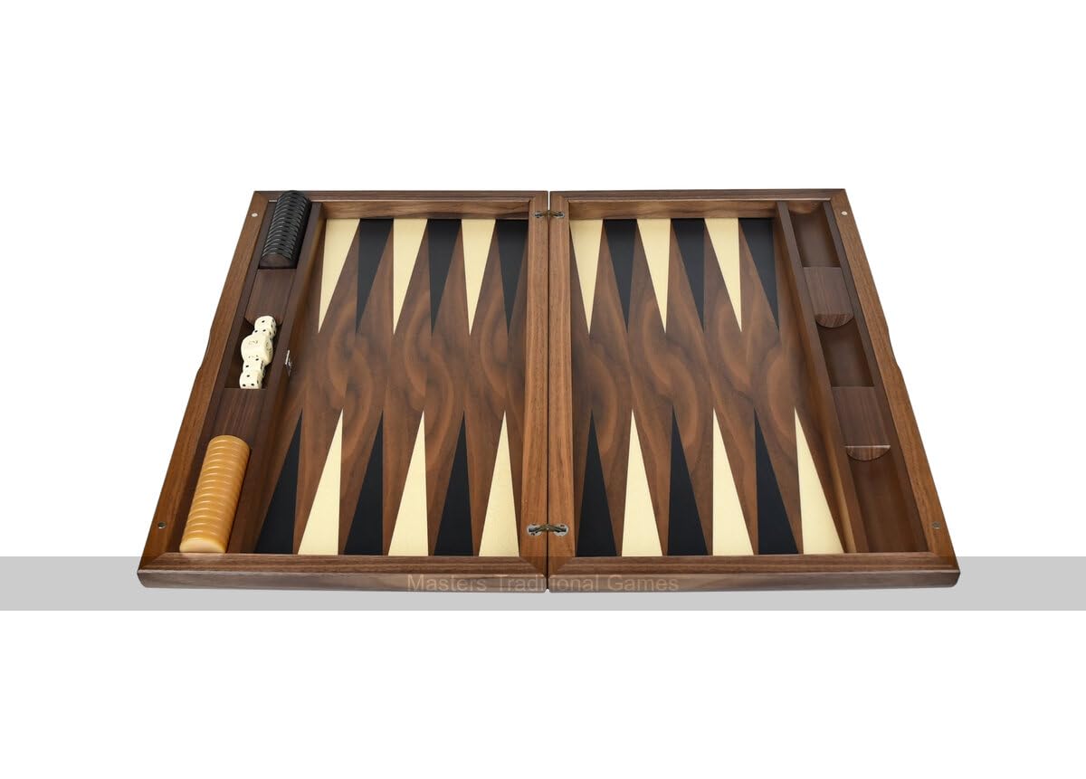 York Deluxe 19-Inch Walnut Backgammon Set with Inlaid Wooden Board - Includes Wooden Checkers, Dice Cups, Dice & Doubling Cube - Italian Craftsmanship - Perfect for Game Nights, Travel & Home Decor