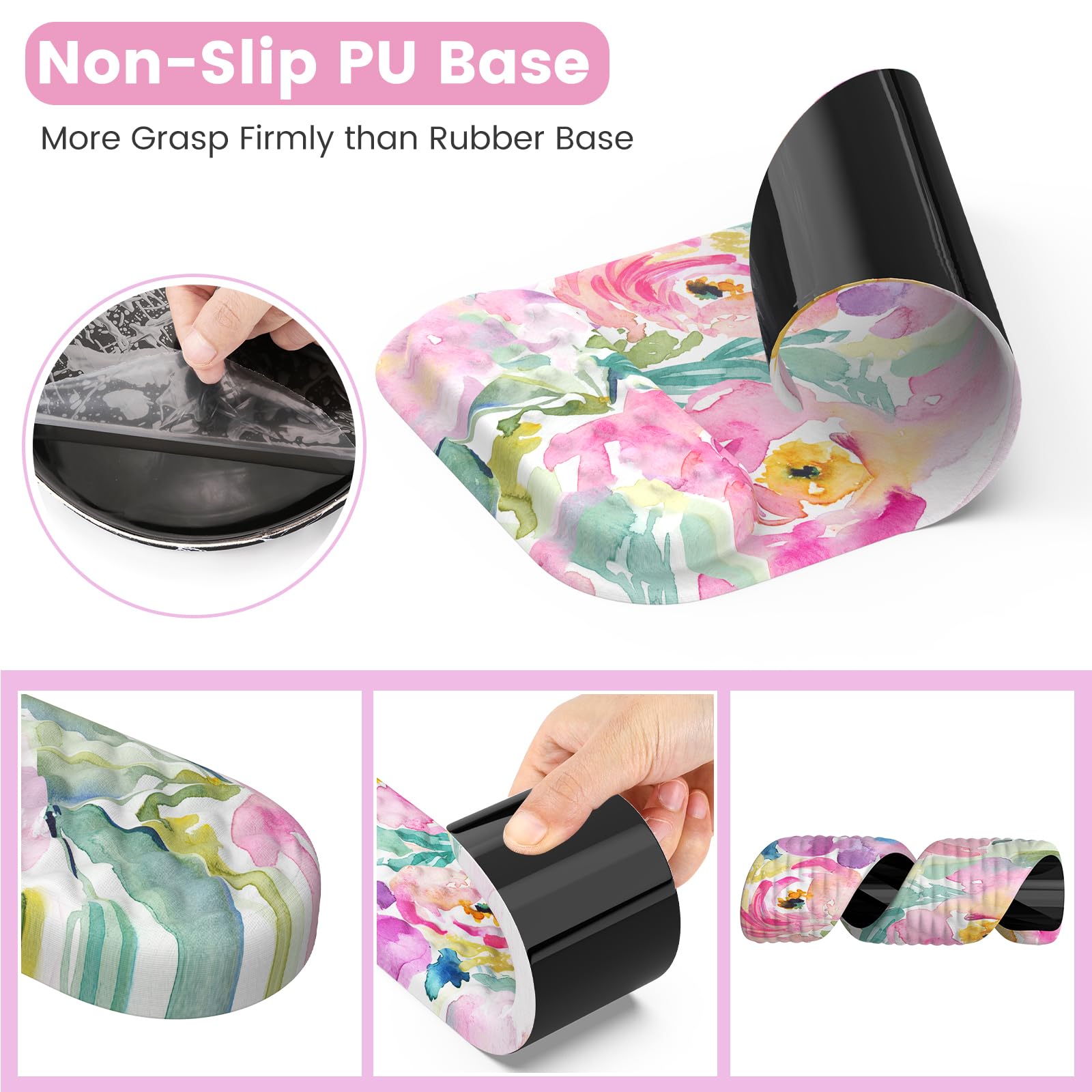 HAOCOO Large Ergonomic Mouse Pad with Wrist Rest - 4-Piece Desk Mat Set with Memory Foam Gaming Mousepad & Coaster - Pink Floral Design for Women - Perfect for Office, Gaming & Laptop Use