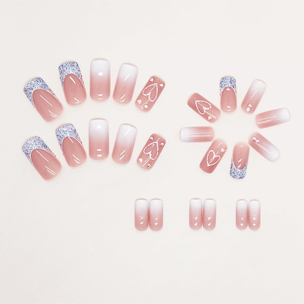 Glitter French Tip Heart Press on Nails - 24Pcs Medium Square Fake Nails with Rhinestones Design | Glossy Gradient Pink False Nails | Reusable Stick on Nails for Women | Perfect for Parties, Weddings, and Special Occasions