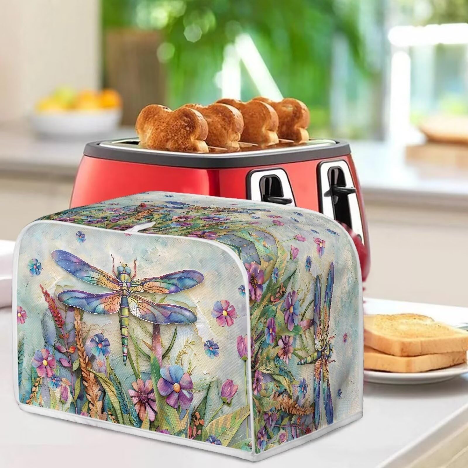 Dragonfly Daisy Print 2-Slice Toaster Cover - Dust Protection Washable Kitchen Appliance Cover with Handle for Bread Maker & Toaster Oven - Perfect for Home, Kitchen & Small Appliance Protection