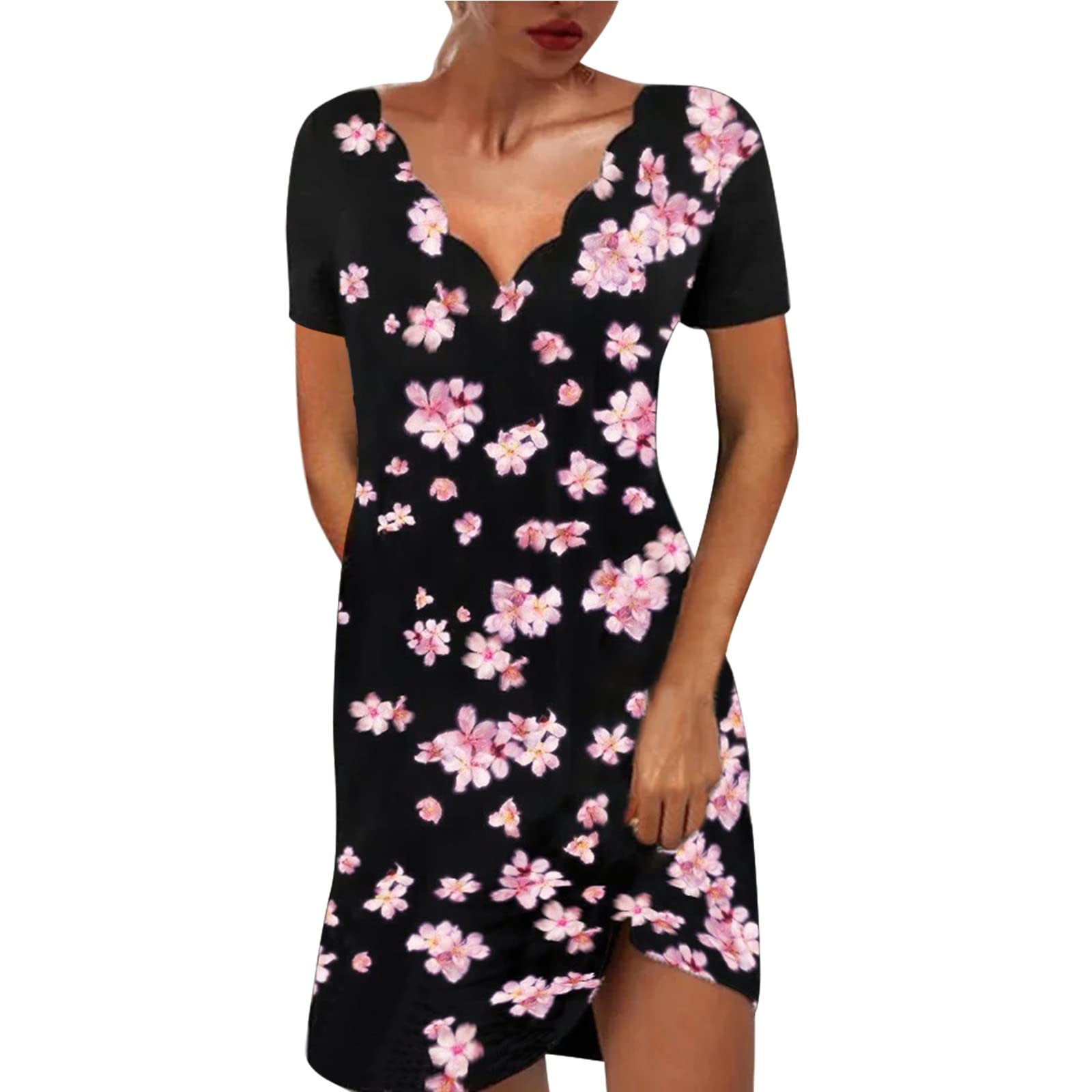 Women's Floral Print Lace V-Neck A-Line Dress - Casual Short Sleeve Loose Beach Dress for Summer Vacation, Party & Outdoor Activities