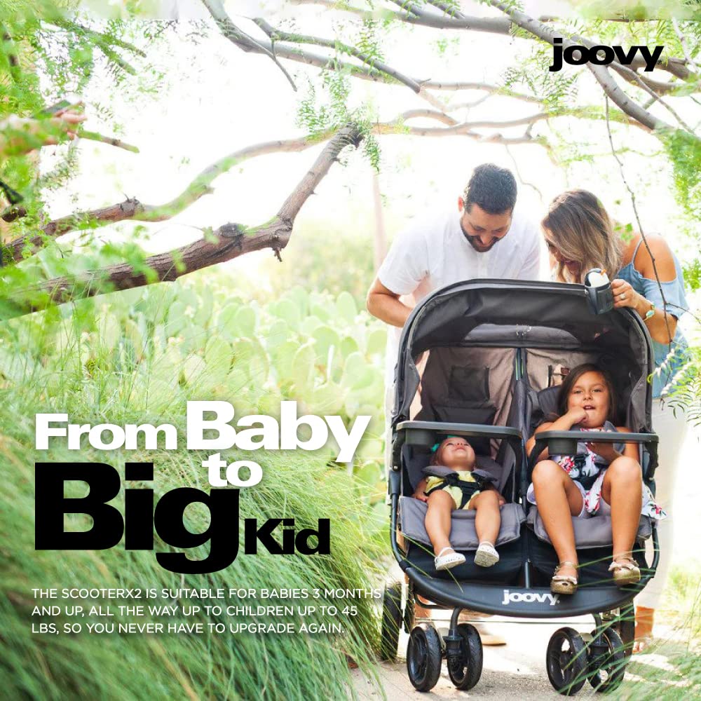 Joovy Scooter X2 Double Stroller - Side by Side Seats, One-Hand Fold, Adjustable Reclining Seats & Leg Rests, Dual Snack Trays, Storage Basket | Perfect for Twins, Siblings & Outdoor Adventures (Charcoal)