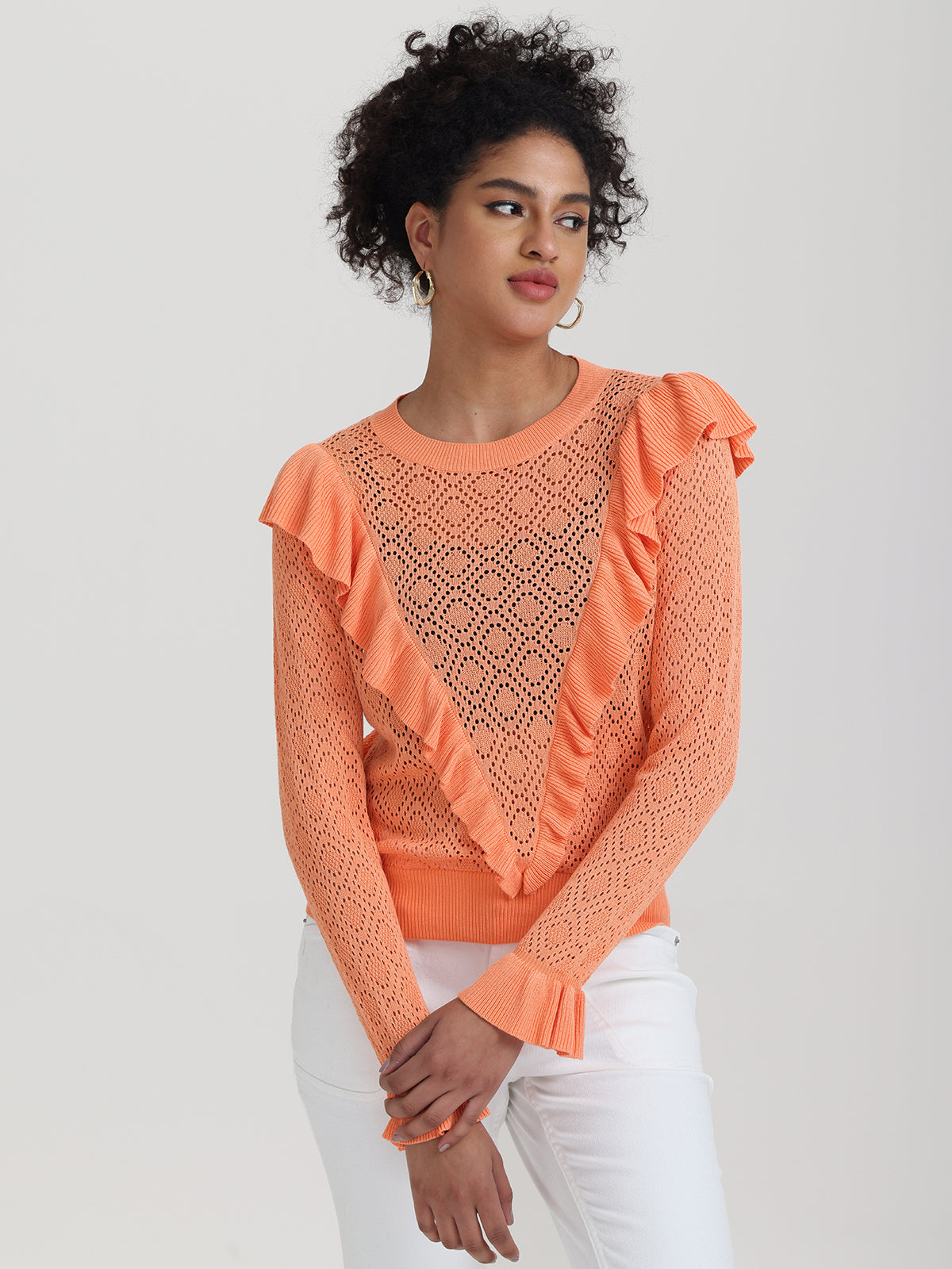 Frances: Women's Ruffle Trimmed Pointelle Knit Sweater - Cozy & Stylish for Fall, Winter & Layering Outfits