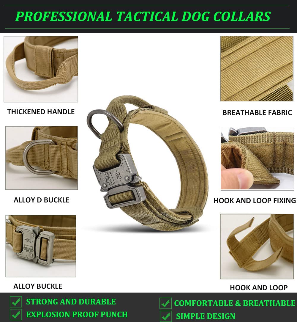 Tactical Dog Collar & Leash Set for Large Dogs - Heavy Duty Coyote Safety Harness with Car Seatbelt - Durable Pet Training Gear for Hiking, Camping & Road Trips