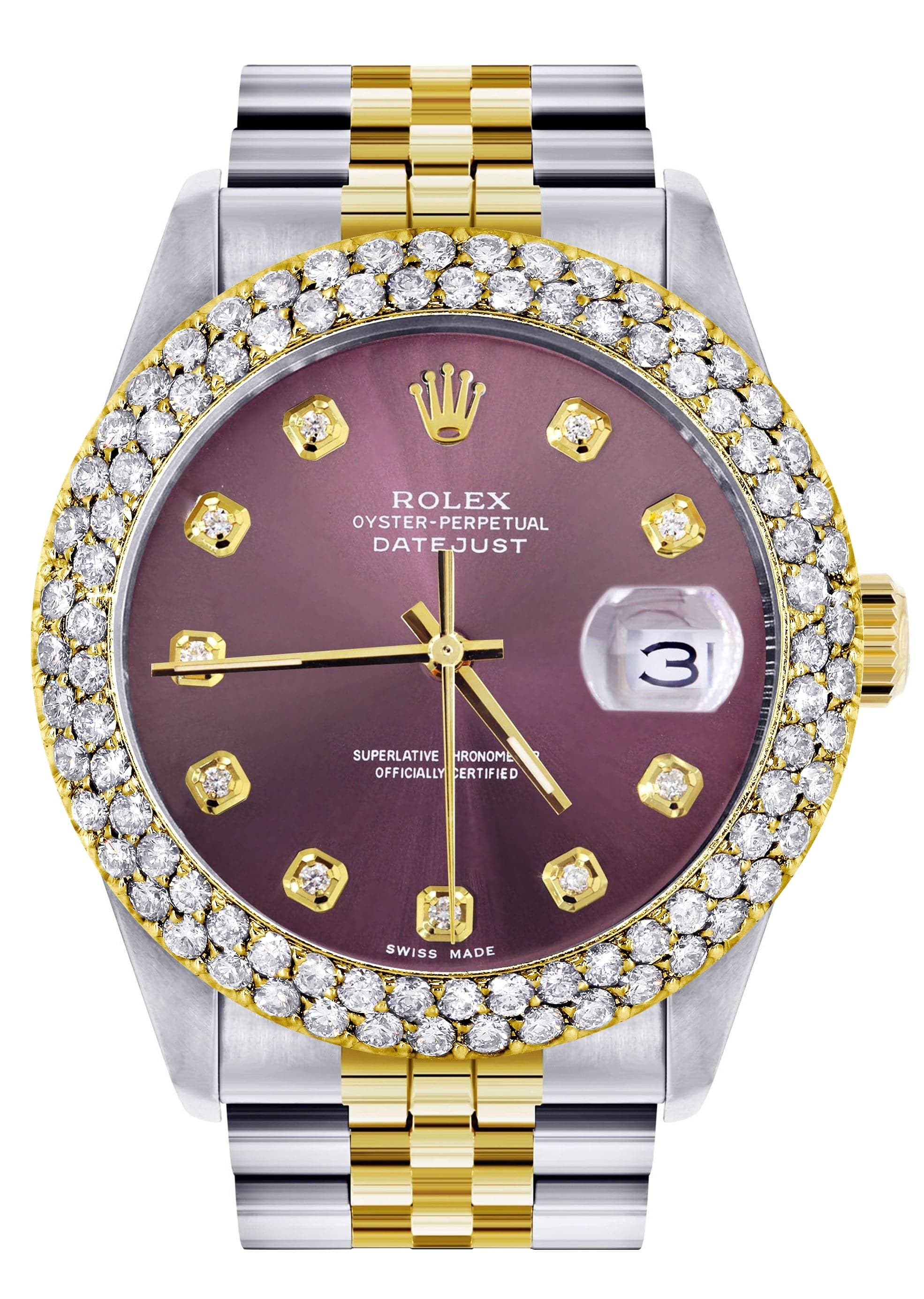 Luxury Diamond Gold Rolex Watch For Women 16233 | 36mm Purple Dial | 4.25 Carat Bezel | Jubilee Band | Elegant Gift for Anniversary & Special Occasions