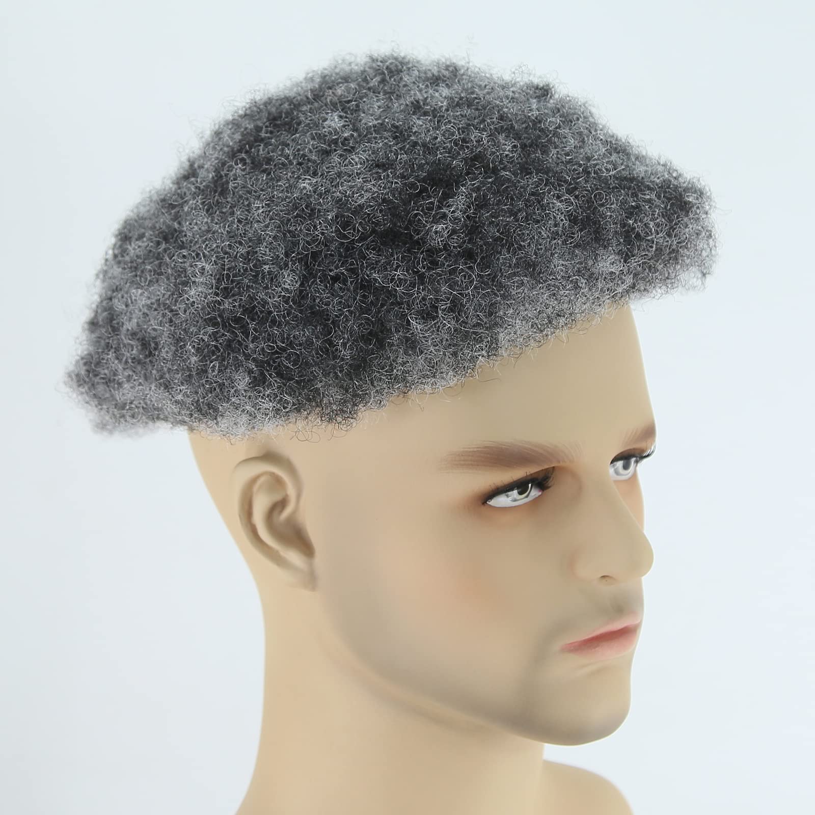 Men's Afro Toupee Wig 1B Mix 50% Grey - Human Hair Short Curly Afro Hairpiece with Mono & PU Base (8x10 Inch) - Perfect for Black Men's Hair Systems, Daily Wear & Special Occasions