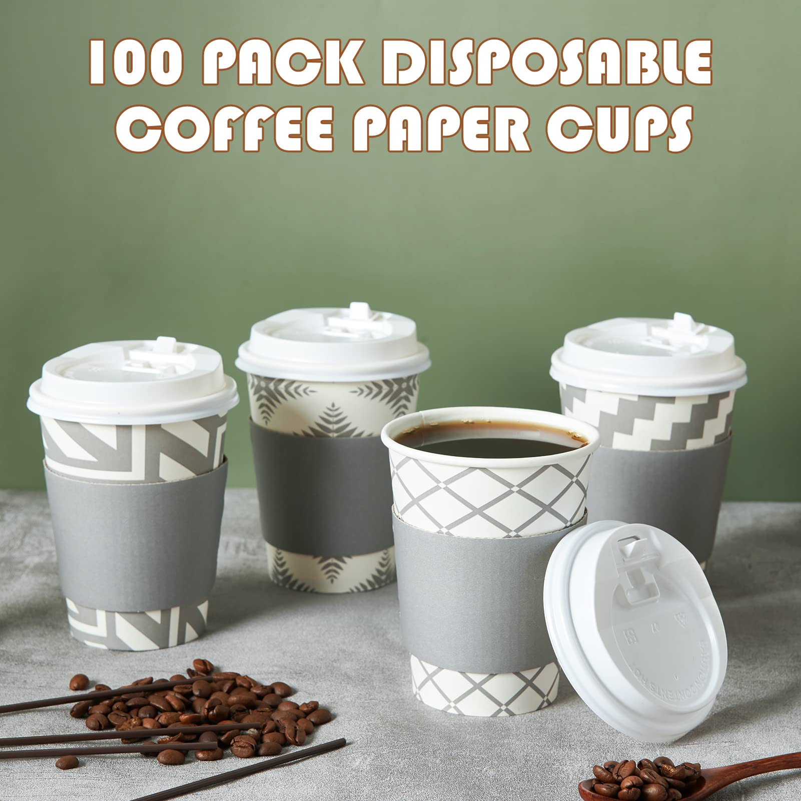 LITOPAK 100 Pack 12 oz Disposable Paper Coffee Cups with Lids, Sleeves & Straws - 4 Stylish Designs for Hot Beverages - Perfect for Home, Office, Coffee Shops & Cafes - Ideal for Daily Coffee, Tea, Parties & Takeout Drinks