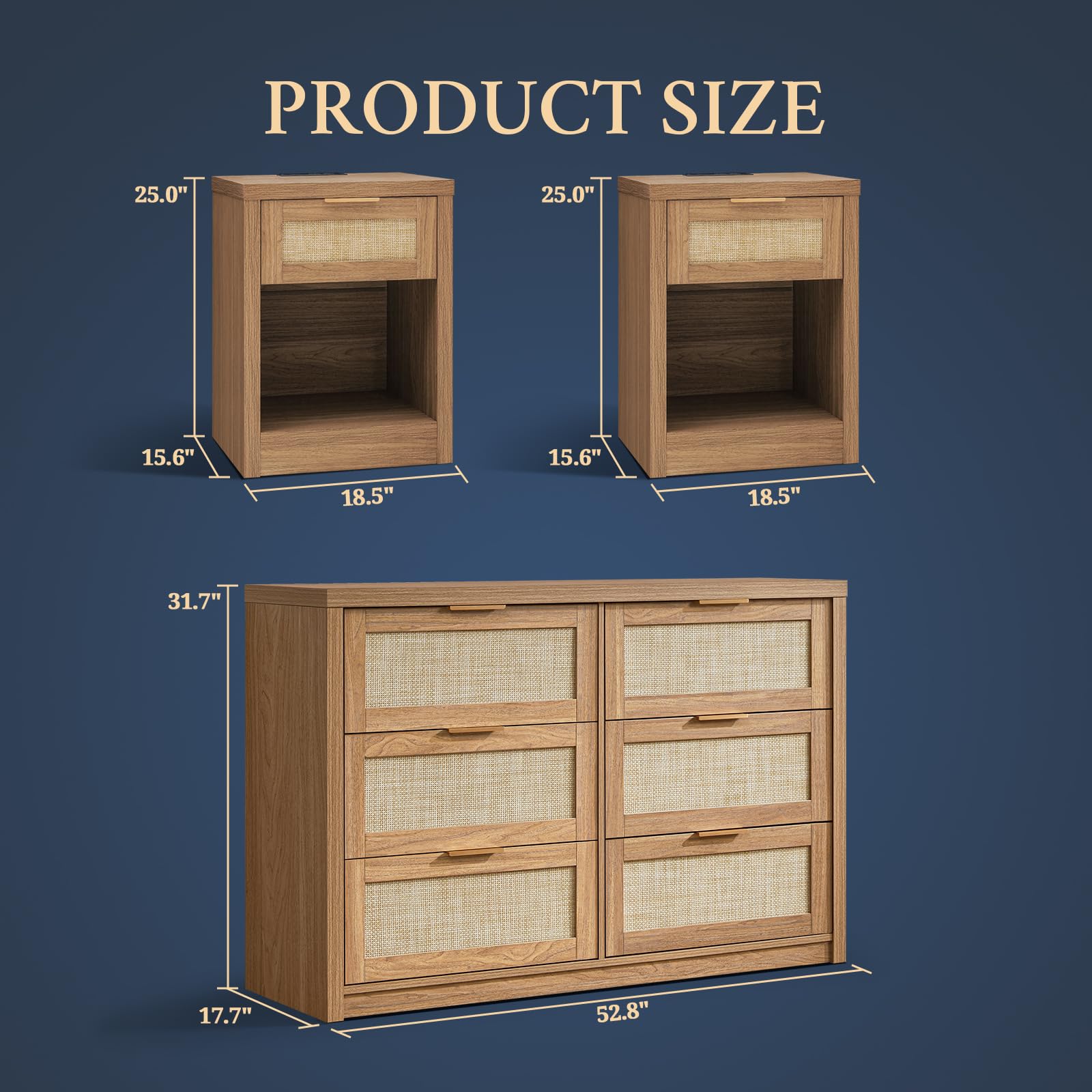 Rattan Boho 3-Piece Bedroom Set - 6-Drawer Dresser & 2 Nightstands with USB-C Charging | Vintage Bedroom Furniture for Master & Guest Rooms
