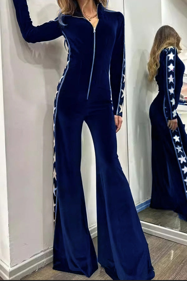 Stylish Star Print Velvet Patchwork Zipped Wide Leg Jumpsuit for Women | Trendy Plus Size Romper | Perfect for Parties, Date Nights & Casual Outings