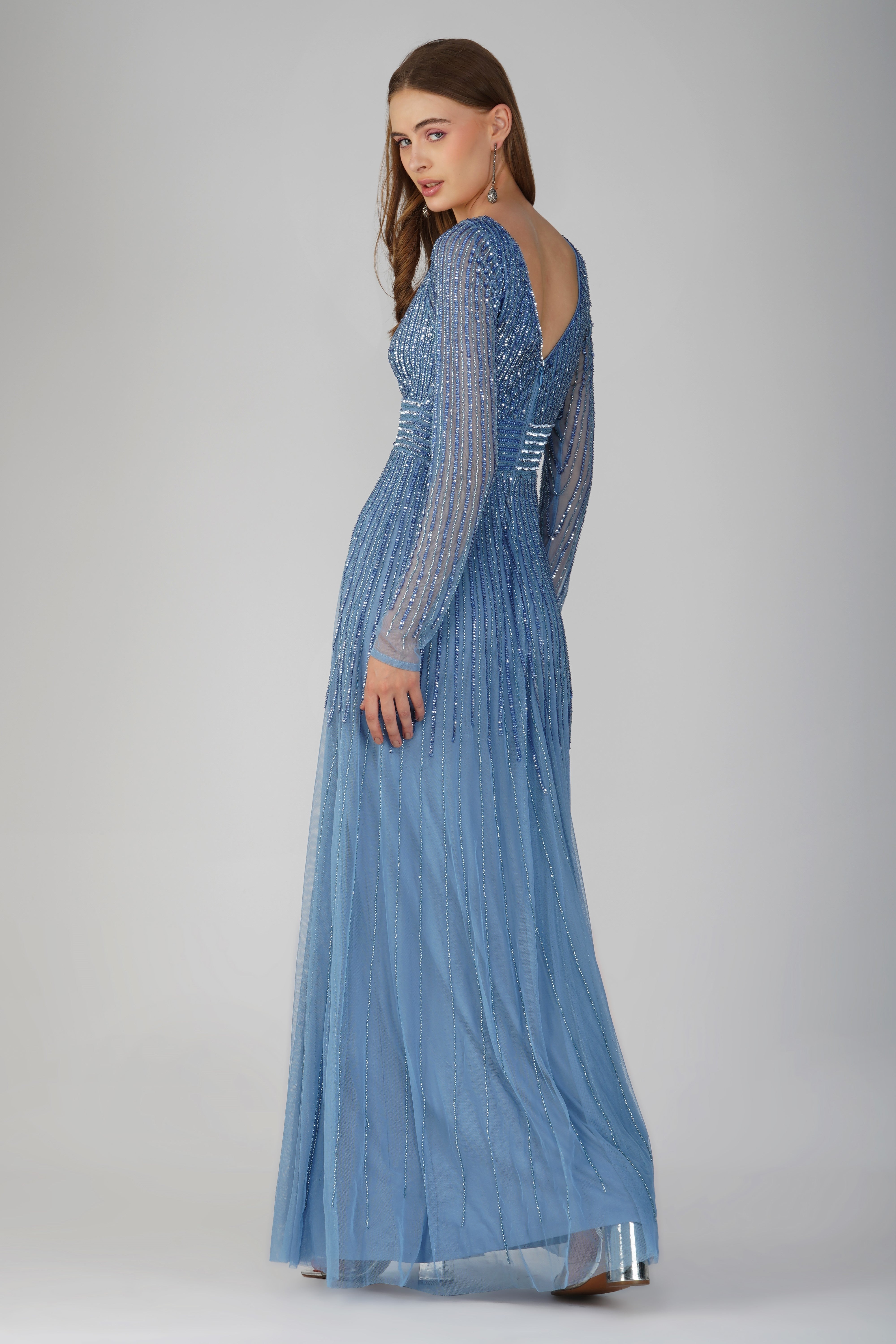 Laura Embellished Maxi Dress in Powder Blue - Elegant Floral Lace Evening Gown for Women, Perfect for Weddings, Prom, and Special Occasions