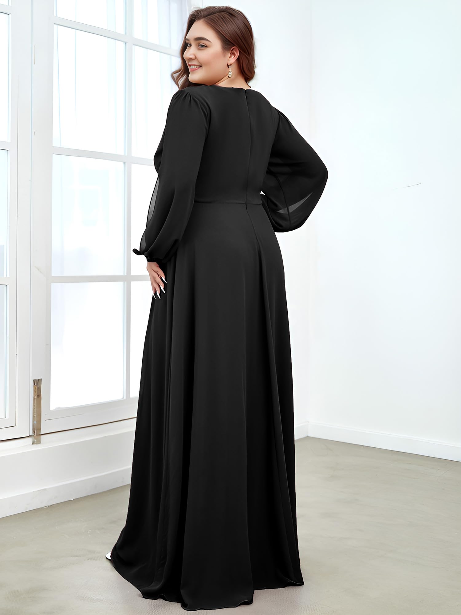 Ever-Pretty Plus Size Women's Formal Dress - V Neck Floor Length Gown with Lantern Sleeves & Floral Applique for Curvy Women | Wedding Guest, Prom, Evening Party, Special Occasion