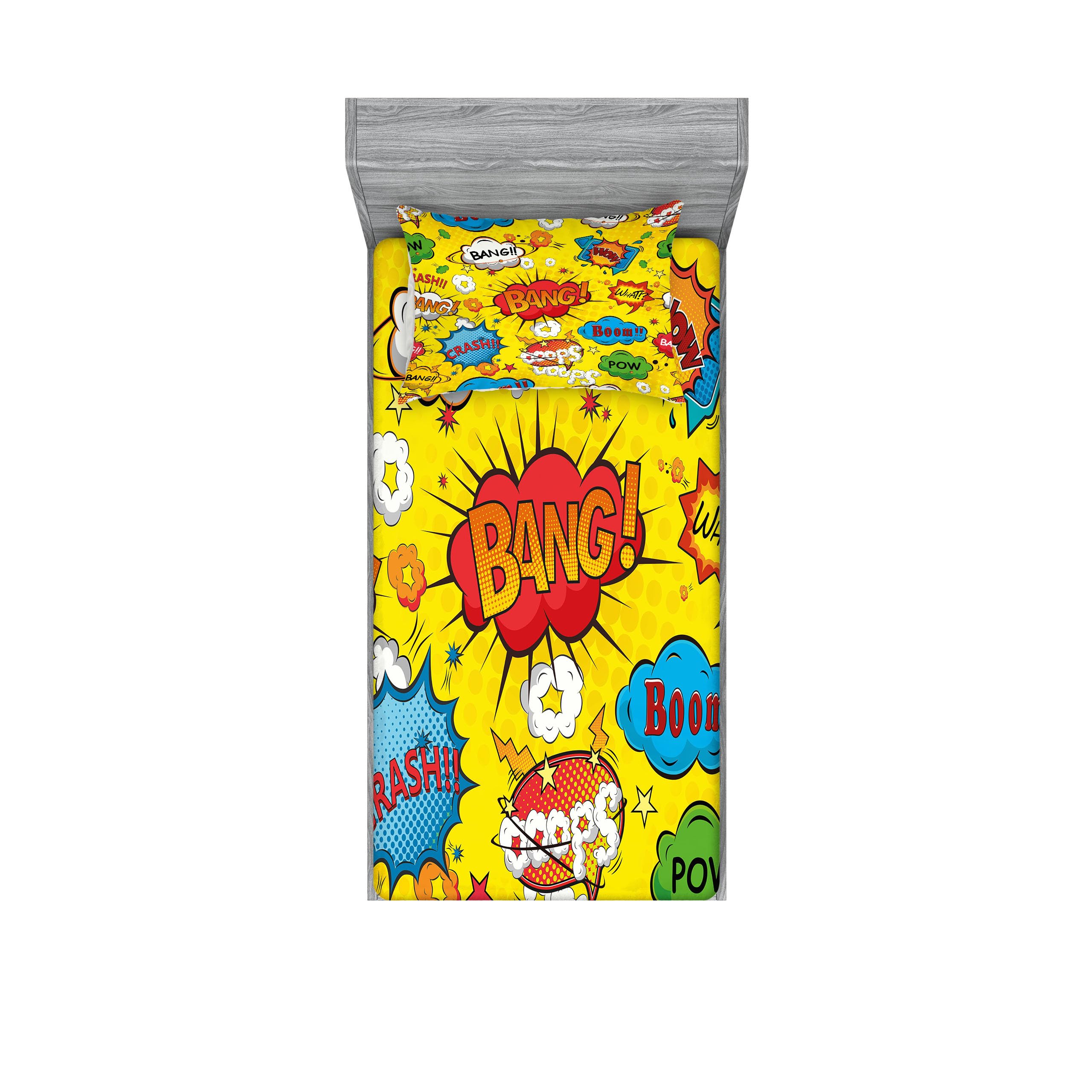 Superhero Fitted Sheet & Pillow Sham Set - Funky Vivid Bang Boom Bam Pow Fiction Design - 2 Piece Printed Bedding Decor for Twin Size - Perfect for Kids' Rooms, Themed Bedrooms & Comic Book Lovers