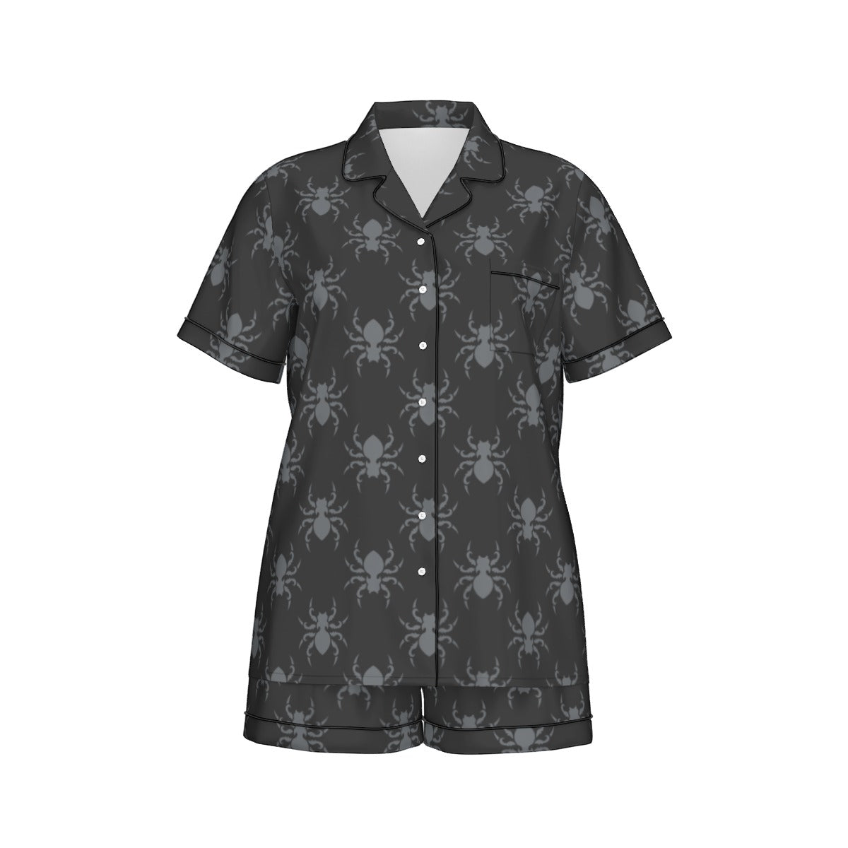 Gothic Black Spider Print Women's Silk-Like Pajama Set - Short Sleeve Nightwear for Halloween, Cosplay & Gothic Lovers - Perfect for Sleepwear, Lounge Wear & Themed Parties