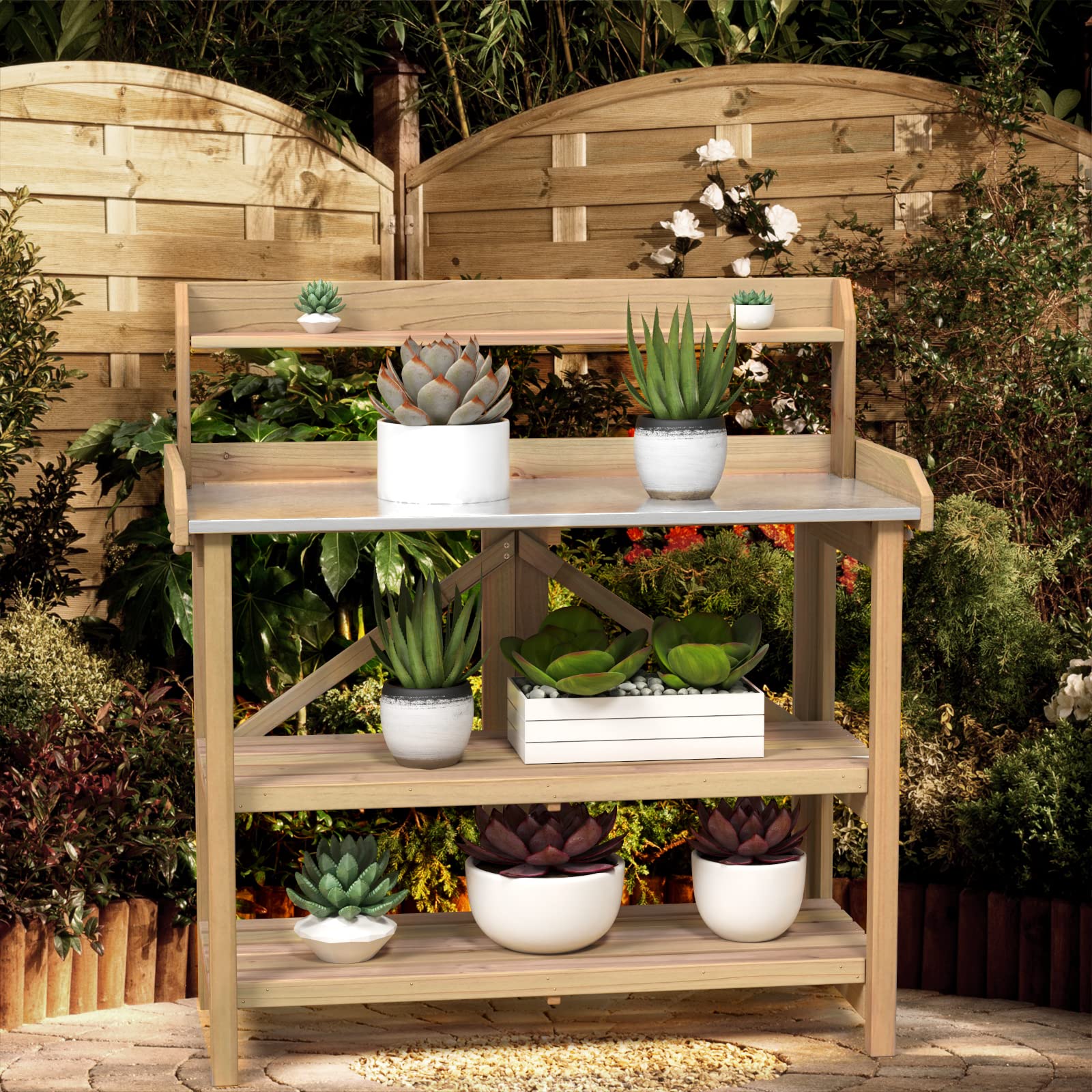 SAFSTAR Heavy Duty Fir Wood Potting Bench with Metal Tabletop & 2 Storage Shelves - Outdoor Gardening Workstation for Backyard, Balcony & Patio - Perfect for Planting, Repotting & Organizing Garden Tools