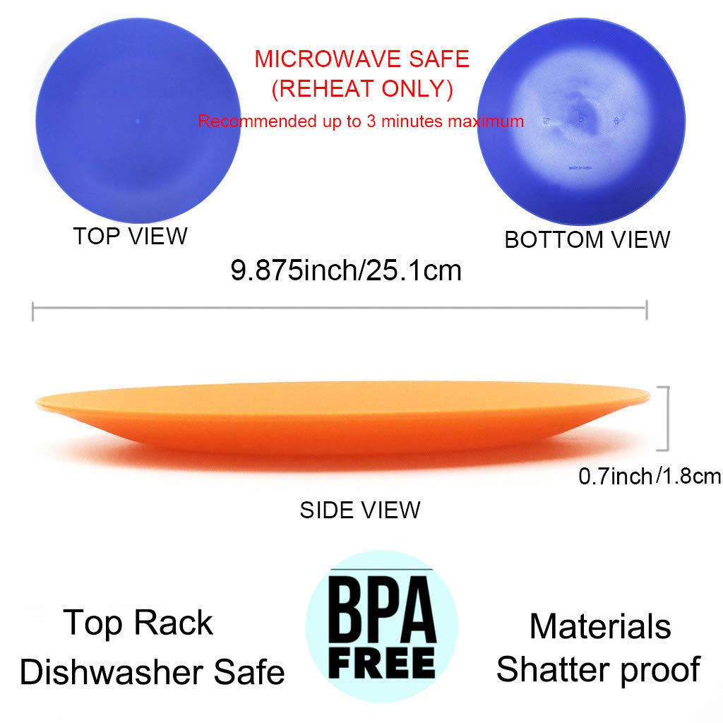 KX-WARE 6-Pack Unbreakable Plastic Dinner Plates - 9.875 Inch Reusable Dishwasher Safe BPA-Free Colorful Plates for Parties, Picnics & Outdoor Dining
