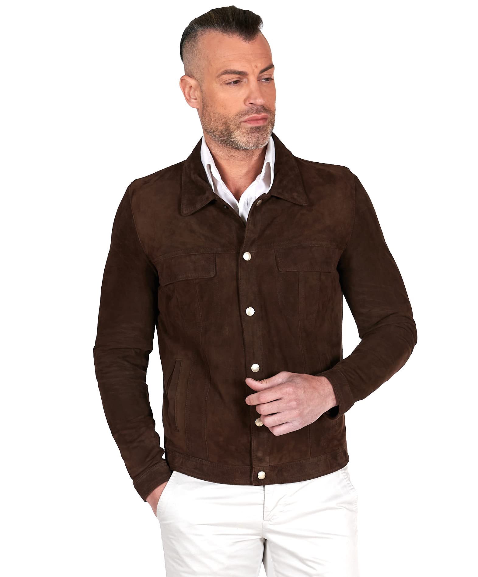 Genuine Italian Leather Motorcycle Jacket for Men - D'Arienzo Brown Leather Biker Jacket with Pockets, Size 46 - Perfect for Riding & Casual Wear