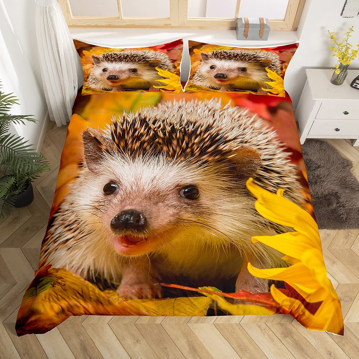 Cute Hedgehog Bedding Set Twin Size - Yellow Leaves Printed 3D Wild Animals Duvet Cover & Pillowcase Set for Kids Boys Girls | Kawaii Hedgehog Quilt Cover | Cozy Bedroom Decor for Children's Room, Dorm, Nursery