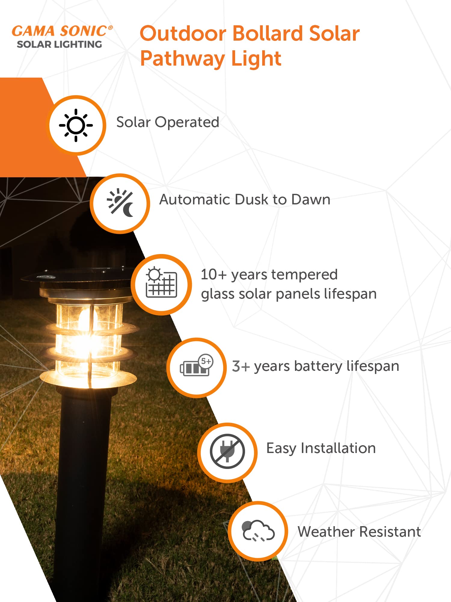 Gama Sonic Solar Pathway Light - Stainless Steel Bollard LED Outdoor Lamp, Waterproof Landscape Lighting for Garden, Yard, Driveway, Walkway (GS-214) - Perfect for Patio, Deck, Poolside & Pathway Illumination