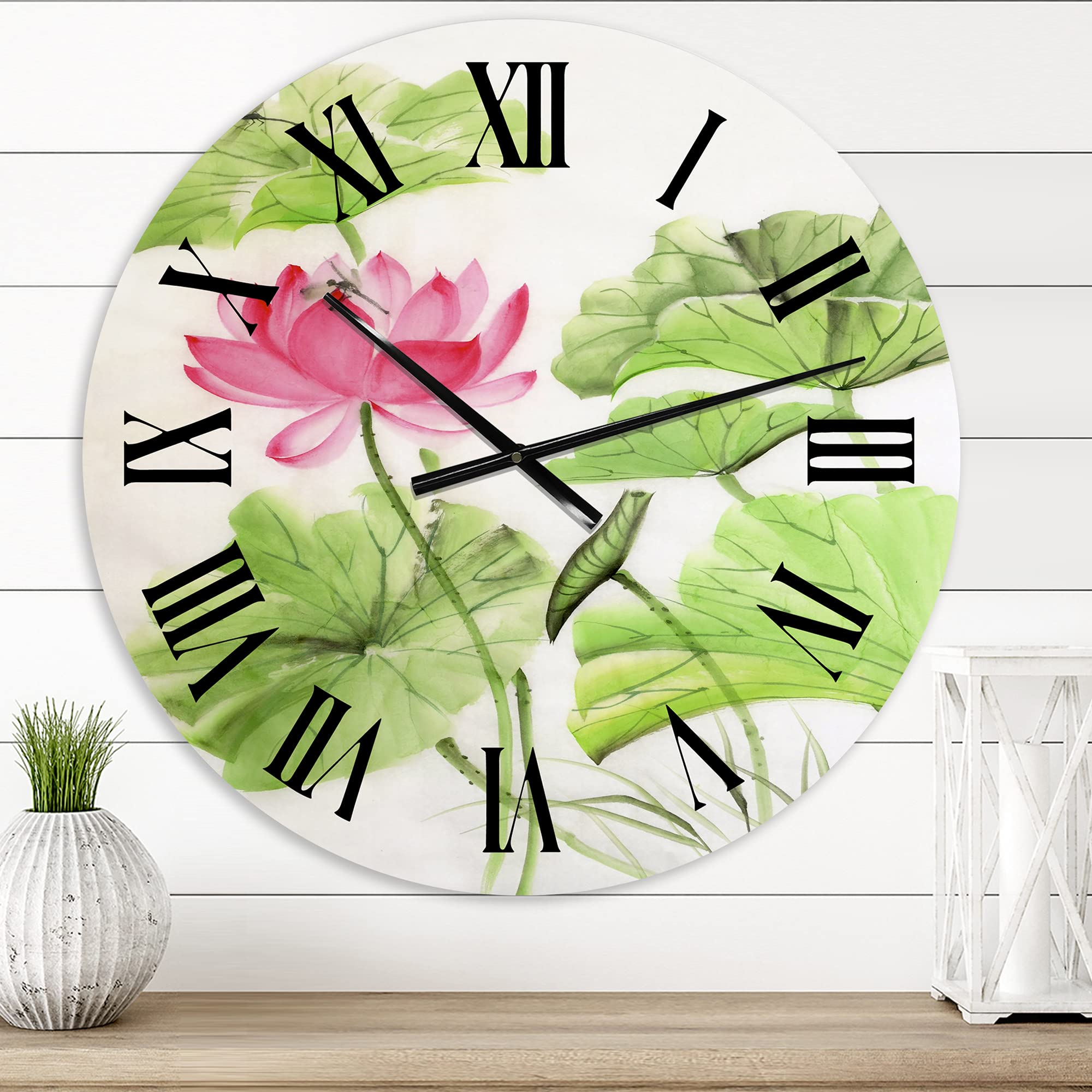 DesignQ Traditional 'Lotus and Dragonfly' Large Wall Clock - Floral & Botanical Decor for Living Room, Bedroom, Office | Silent Non-Ticking Mechanism | Perfect Home & Gift Idea