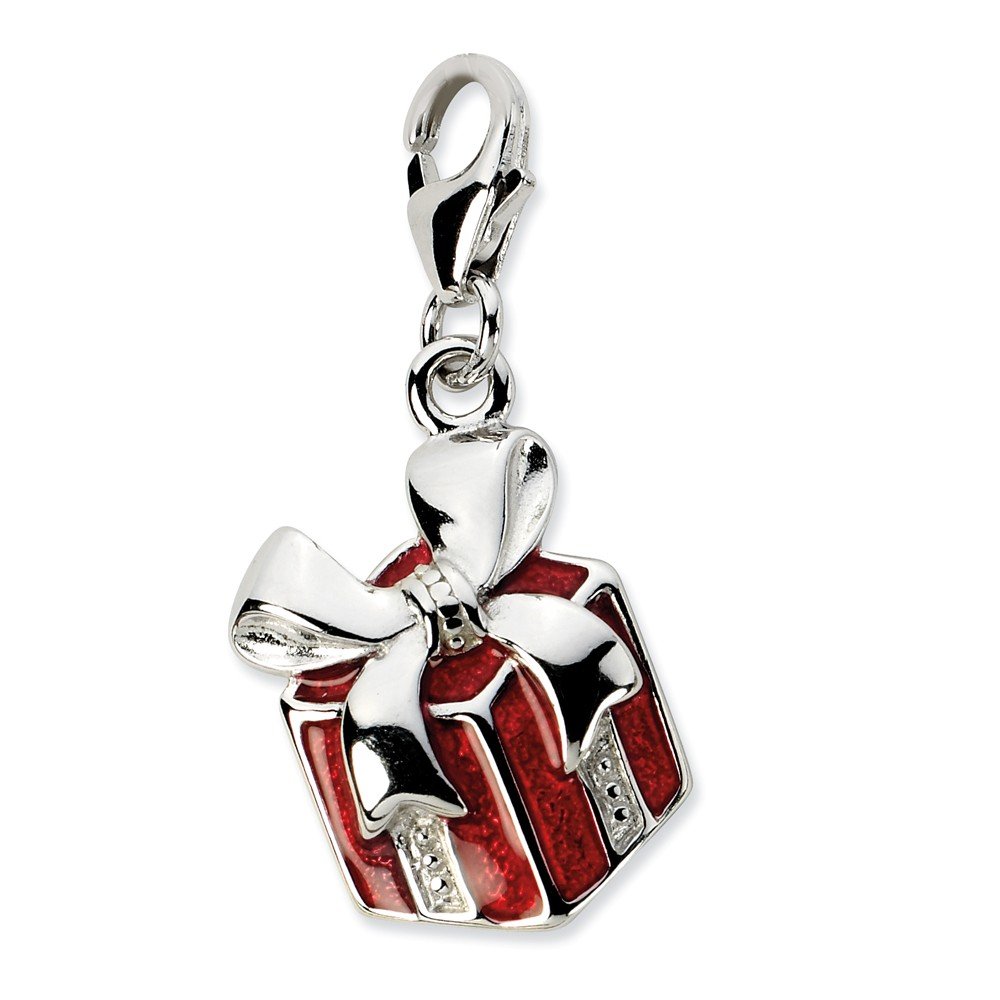 Jewels By Lux Sterling Silver Red Enameled Gift Charm with Lobster Clasp - Perfect for Bracelets, Necklaces & Jewelry Making