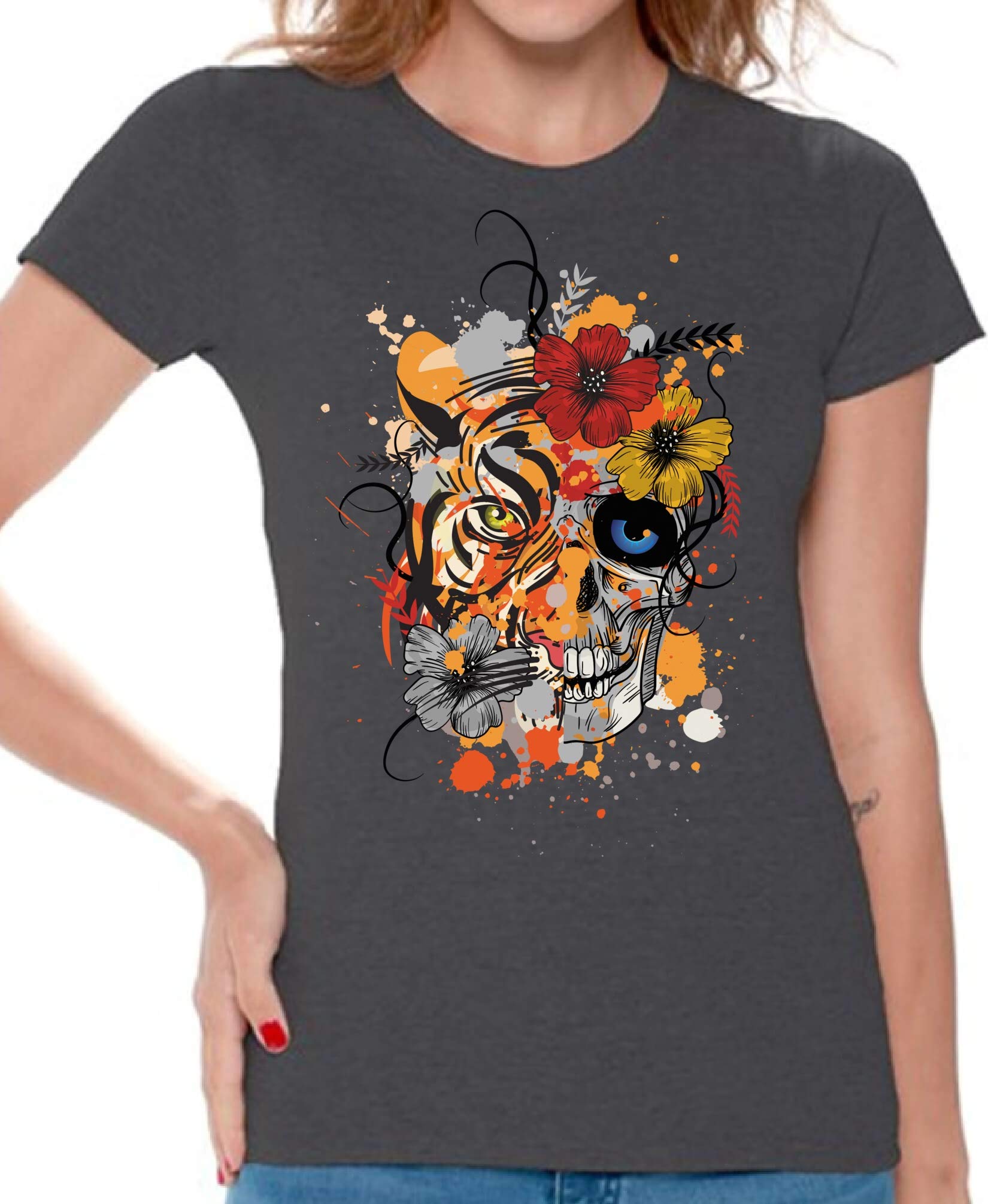 Awkward Styles Women's Skull & Floral Tiger Graphic T-Shirt | Gothic Punk Fashion Tee | Perfect for Concerts, Halloween & Streetwear Outfits