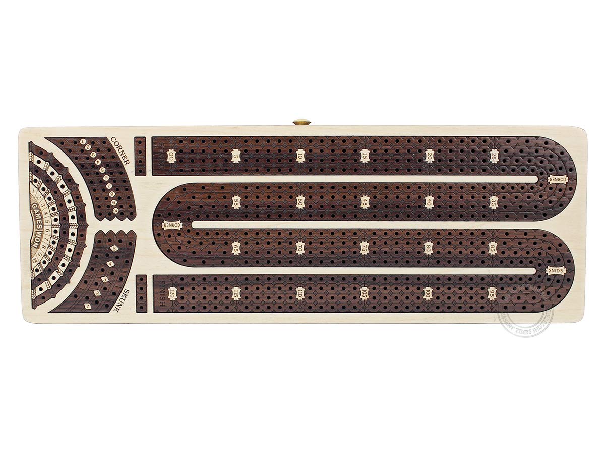 Premium Continuous Cribbage Board with 4 Tracks - Maple & Rosewood Inlaid Box with Sliding Lids, Drawer & Score Marking Fields for Skunks, Corners & Won Games | Perfect for Family Game Nights, Travel & Competitive Cribbage Play