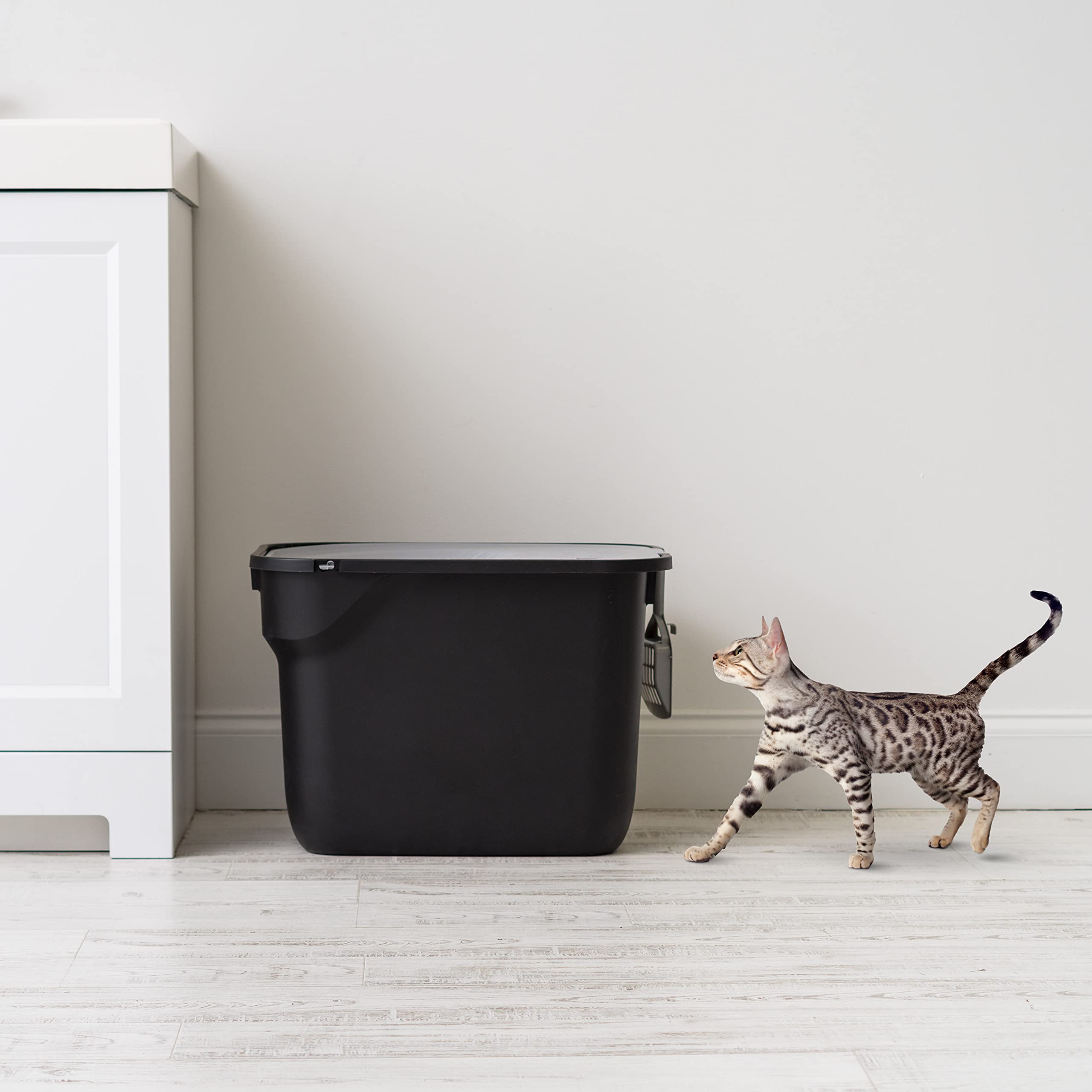 IRIS USA Large Top Entry Cat Litter Box with Scoop & Litter Catching Lid - Enclosed Kitty Litter Box for Odor Control (Black/Gray) - Perfect for Small Spaces & Multi-Cat Homes