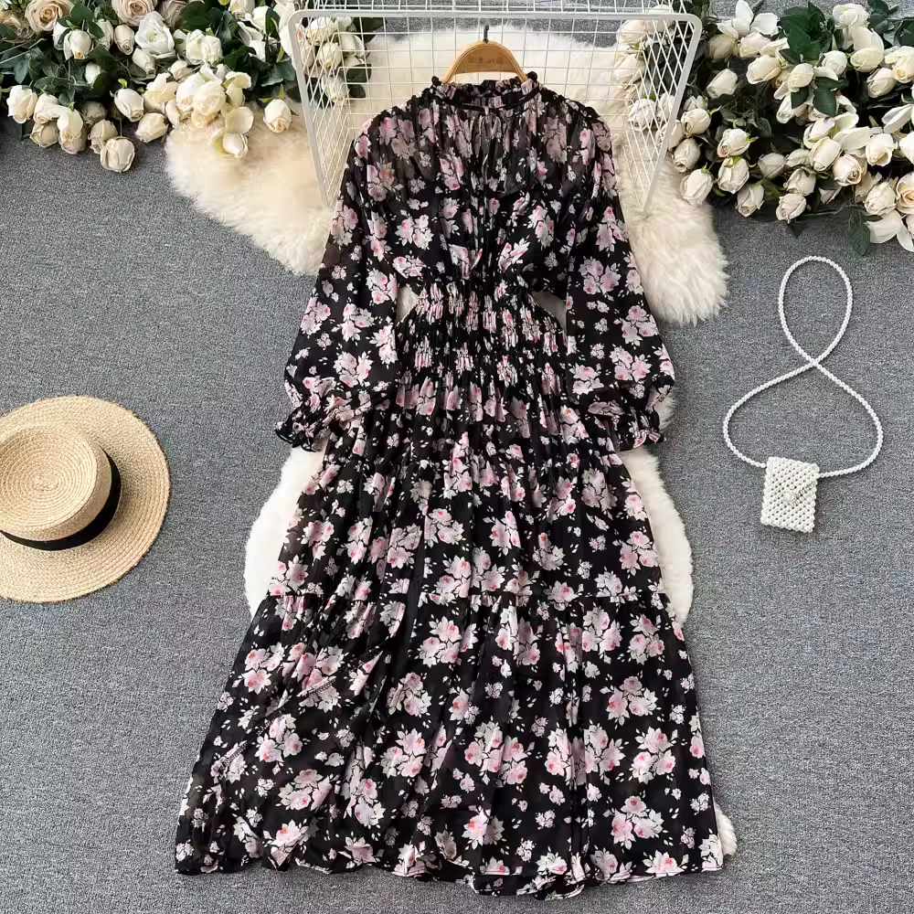 Elegant Long Sleeve Chiffon Floral Dress for Women - Spring & Autumn Fashion - Perfect for Office, Party & Date Night