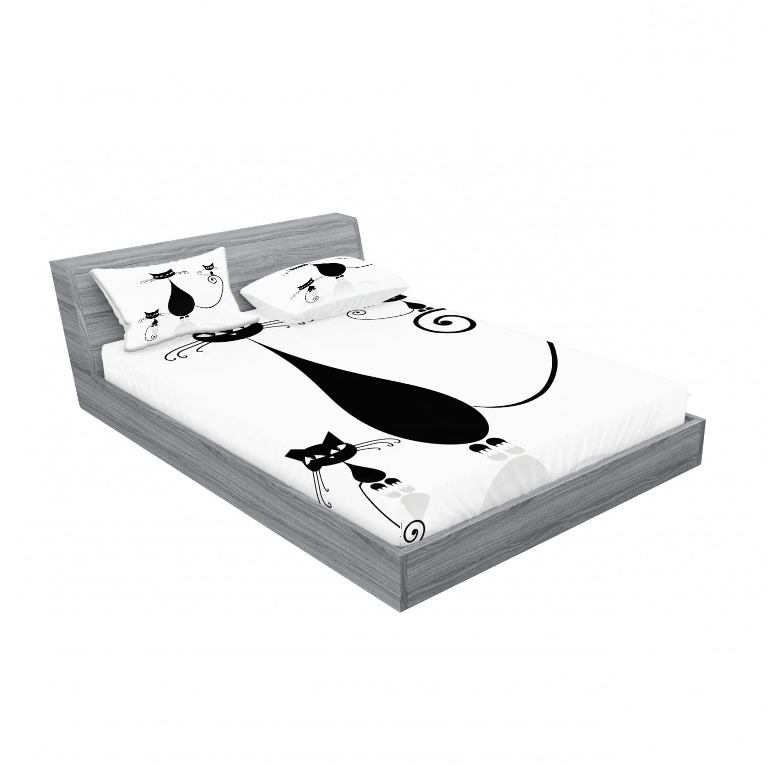 Lunarable Cat Lover 2-Piece Fitted Sheet & 4 Pillow Sham Set - Black and White Kitten Print Bedding Decor for Queen Size Beds | Perfect for Cat-Themed Bedrooms, Pet Lover Gifts & Cozy Home Decor