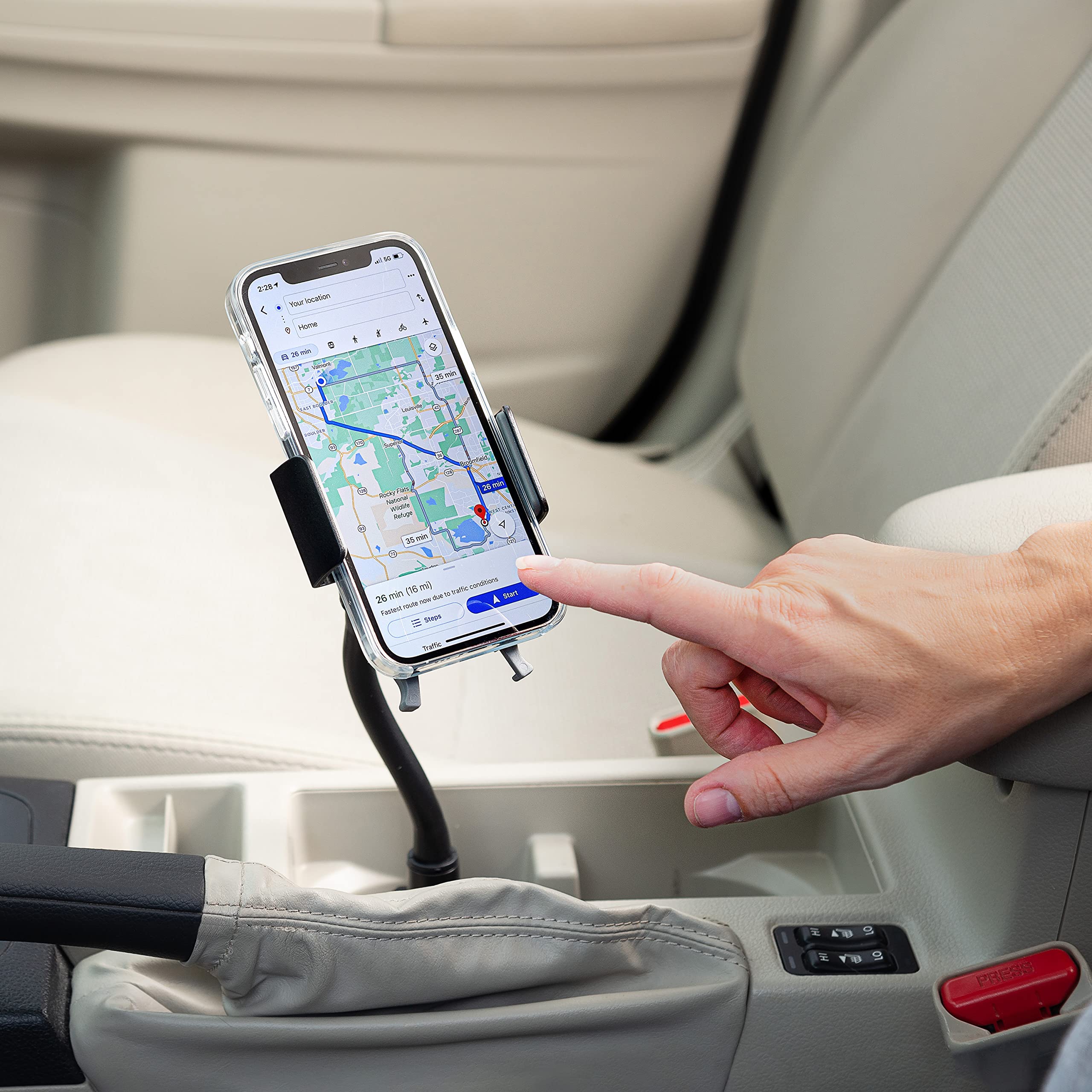 Nite IZE SUCH-01-R8 Universal Cup Holder Phone Mount - Compatible with iPhone, Samsung Galaxy Edge/Fold, Huawei, Google Pixel & Most Smartphones - Secure Car Accessory for Hands-Free Driving (Black) | Perfect for Road Trips, Commuting & GPS Navigation