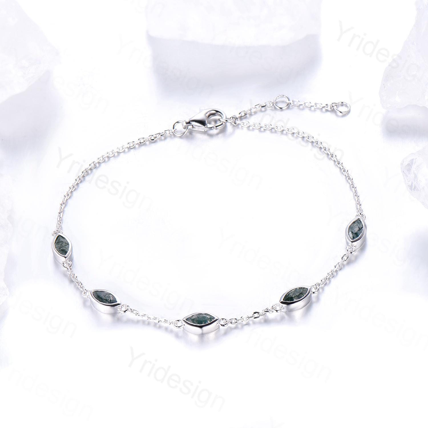 Elegant Marquise Cut Moss Agate Bracelet - Bezel Set Green Agate Minimalist Stackable Jewelry - Handmade Anniversary Gift for Women - Perfect for Daily Wear, Stacking & Special Occasions