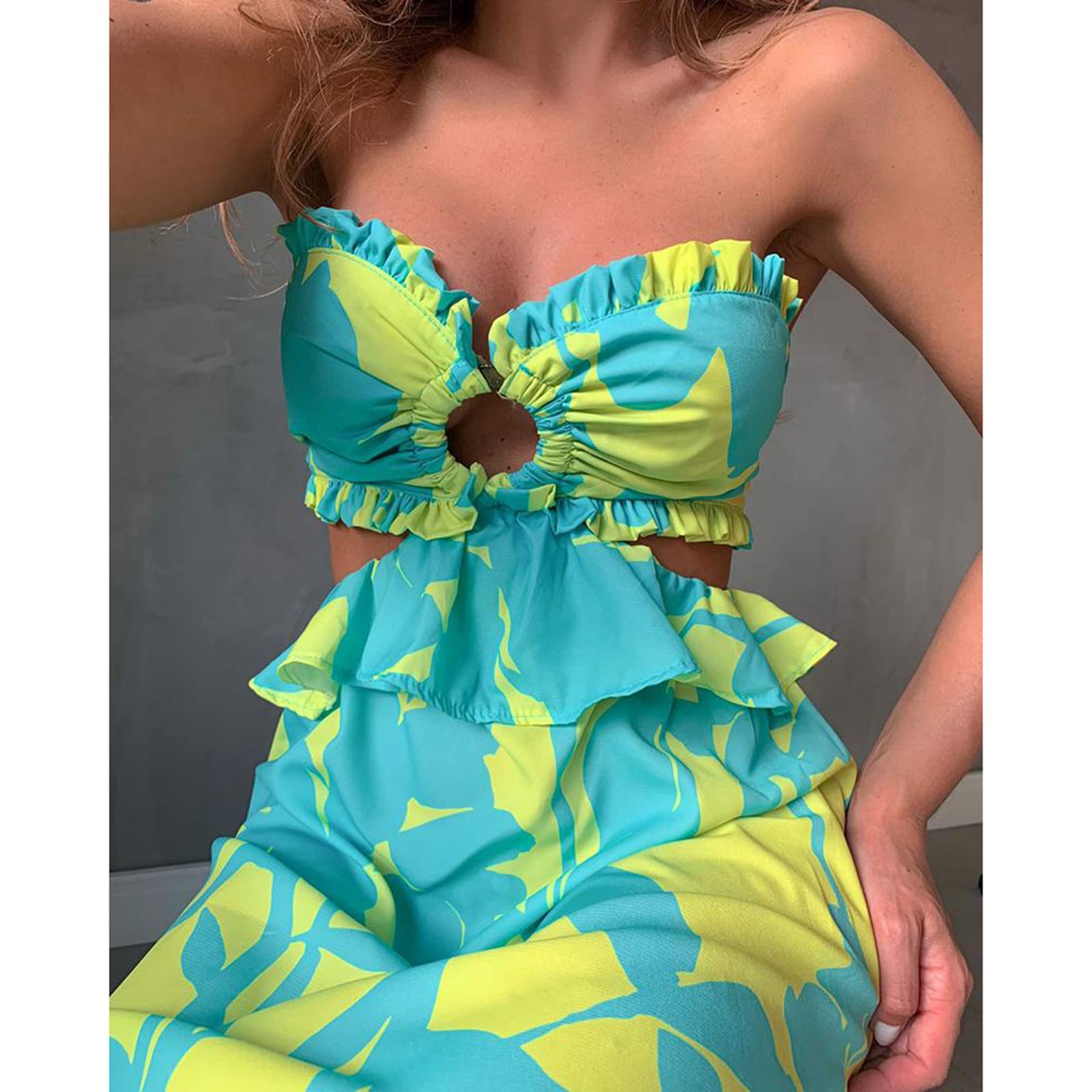 Ruffles Women's Maxi Dress - Summer Floral Print Strapless Backless Bandage Dress for Beach, Party & Vacation | Sexy Loose Fit Casual Dress for Women