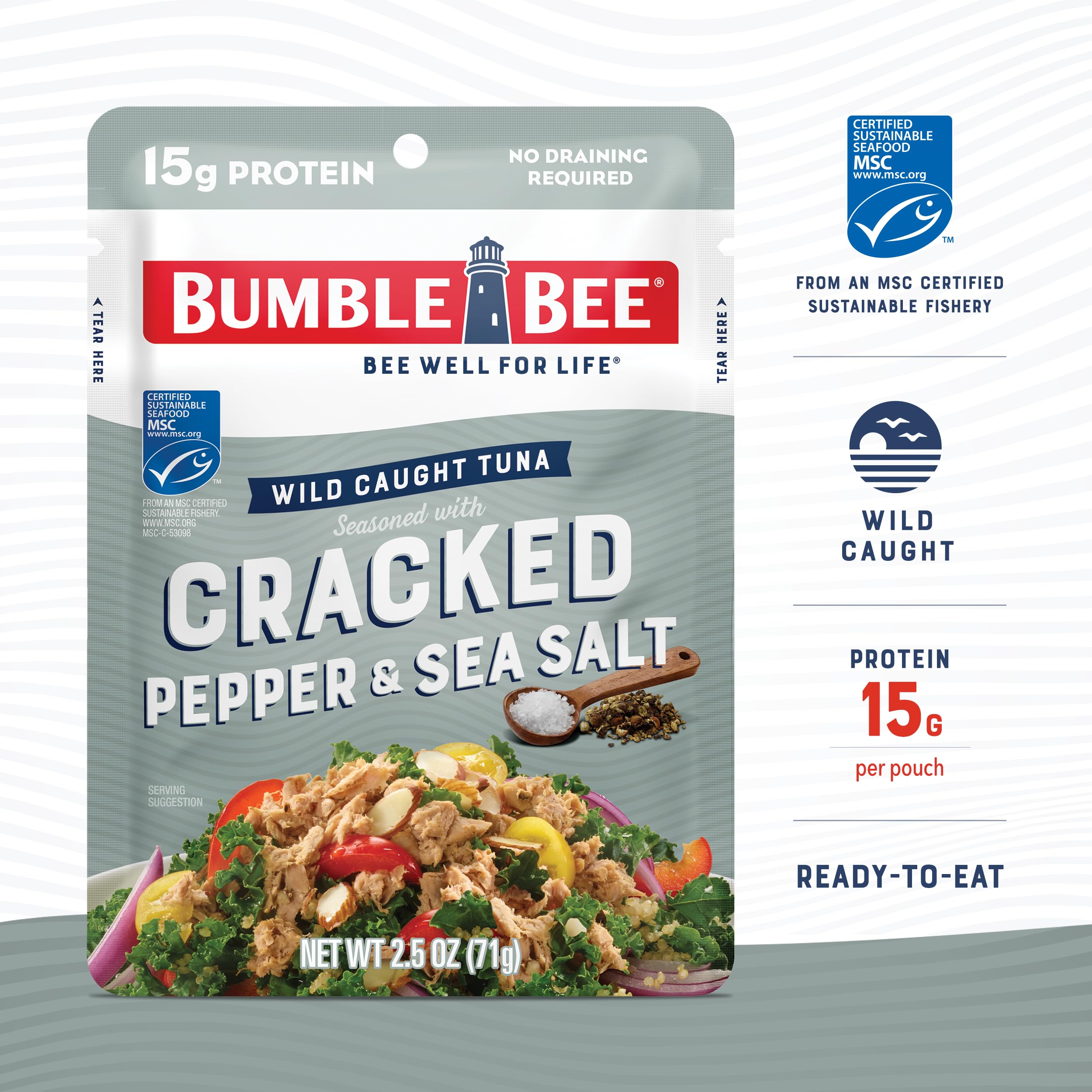 Bumble Bee Cracked Pepper & Sea Salt Seasoned Tuna, 2.5 oz Pouches (Pack of 12) - Wild Caught, Ready to Eat Tuna Packets - High Protein (15g per Serving), Gluten Free, Keto & Paleo Friendly - Perfect for Lunches, Camping, and Emergency Food Supply