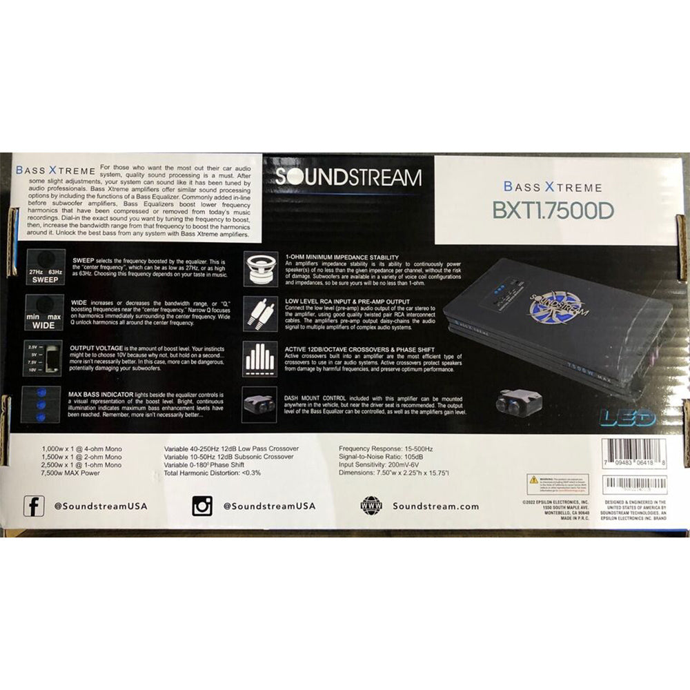 Soundstream BXT1.7500D 750W Digital Mono Car Amplifier with Bass Boost - Powerful Subwoofer Amp for Car Audio Systems, Home Theater & DJ Setups