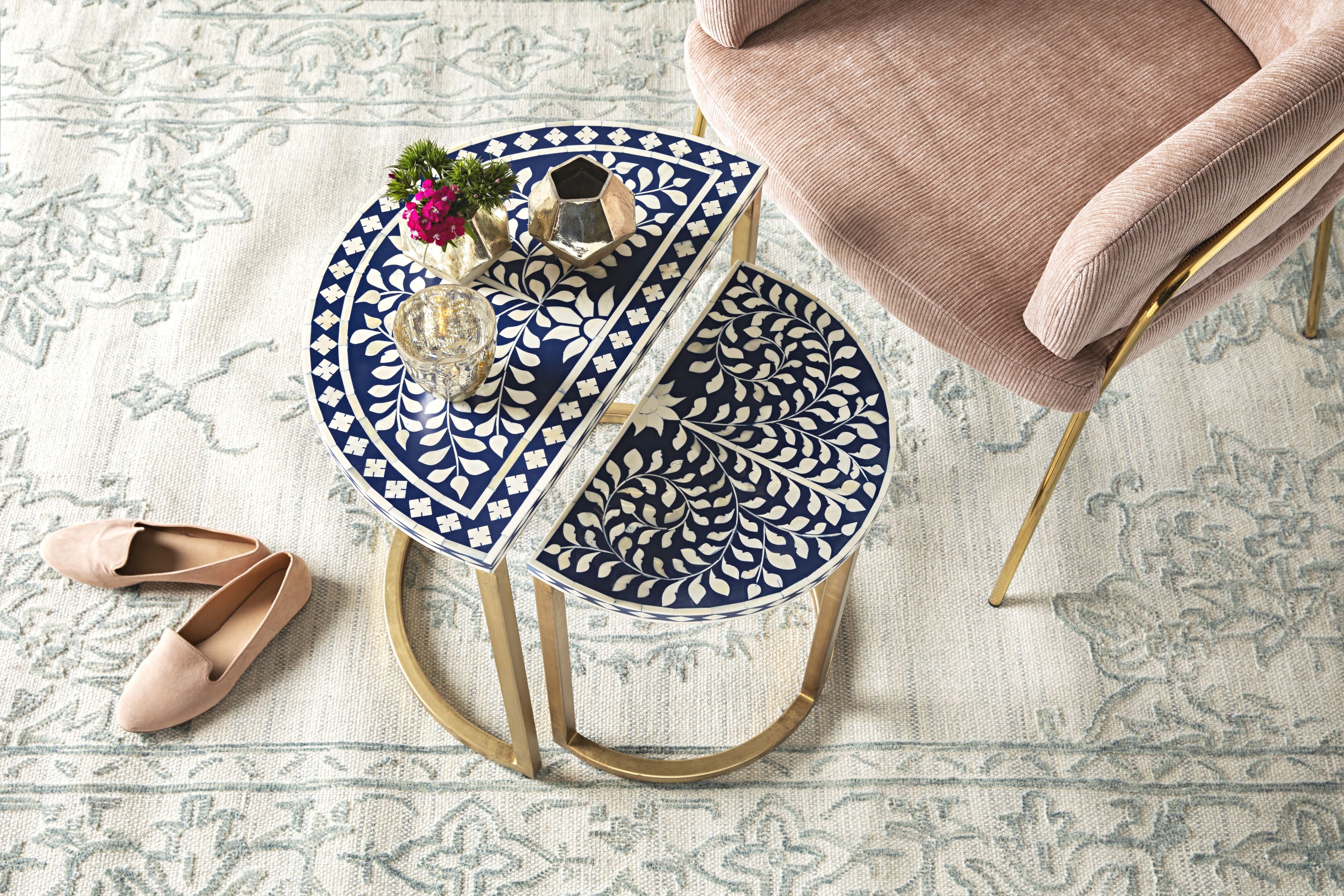 Exquisite Blue and Gold Bone Inlay Half Moon Side Table - 44cm Handcrafted Accent Table for Living Room, Bedroom, or Entryway Decor